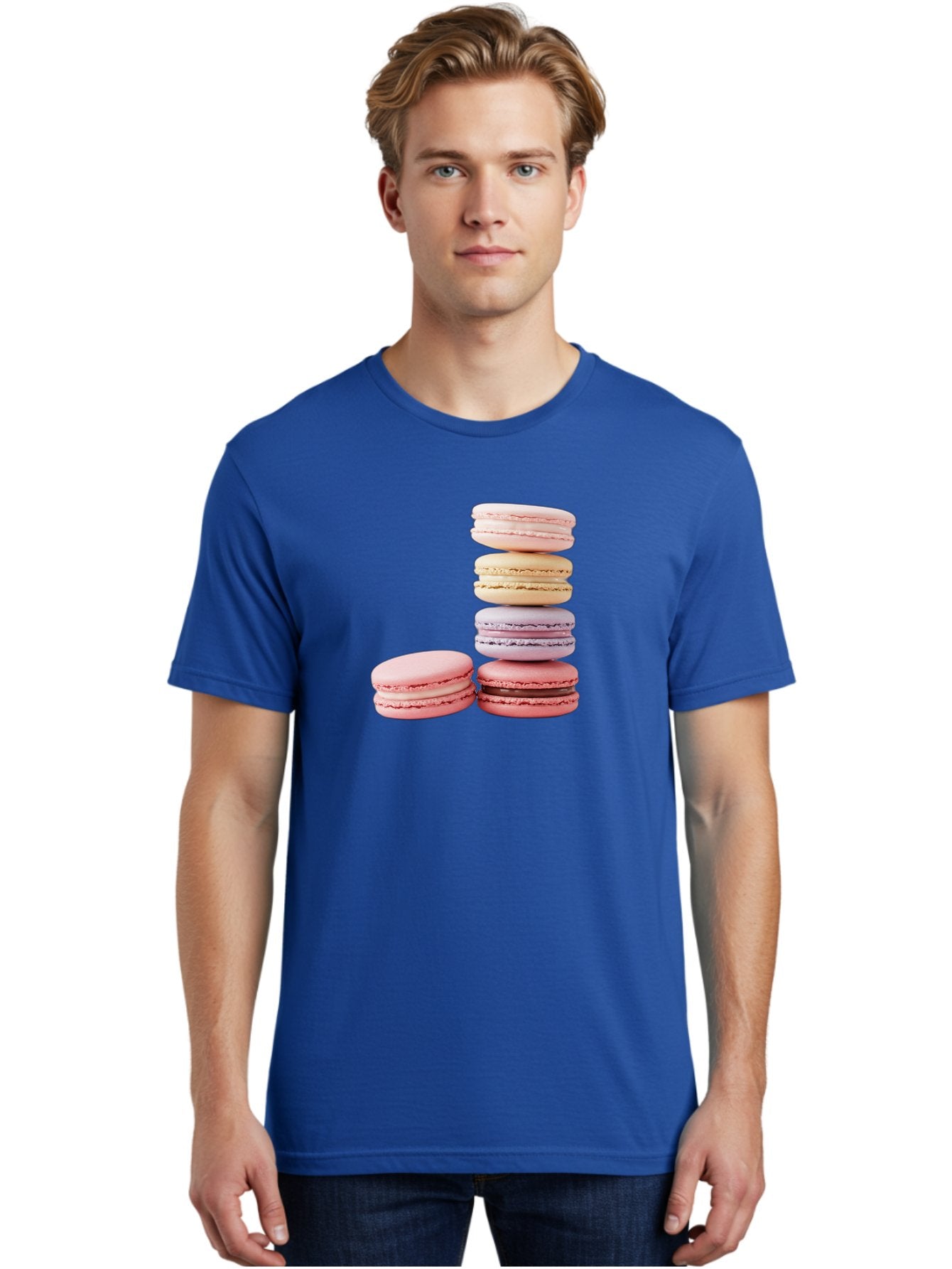 Macarons-3 Men'S Graphic Tee, 100% Cotton, Comfortable Casual Summer Wear, Machine Washable, Stacked Macarons, Pastel Colors, Pink, Purple, Beige, Dessert, Sweet Treats, French Macarons, Delicate Meringue-Based Cookies, Creamy Fillings, Baa947 30