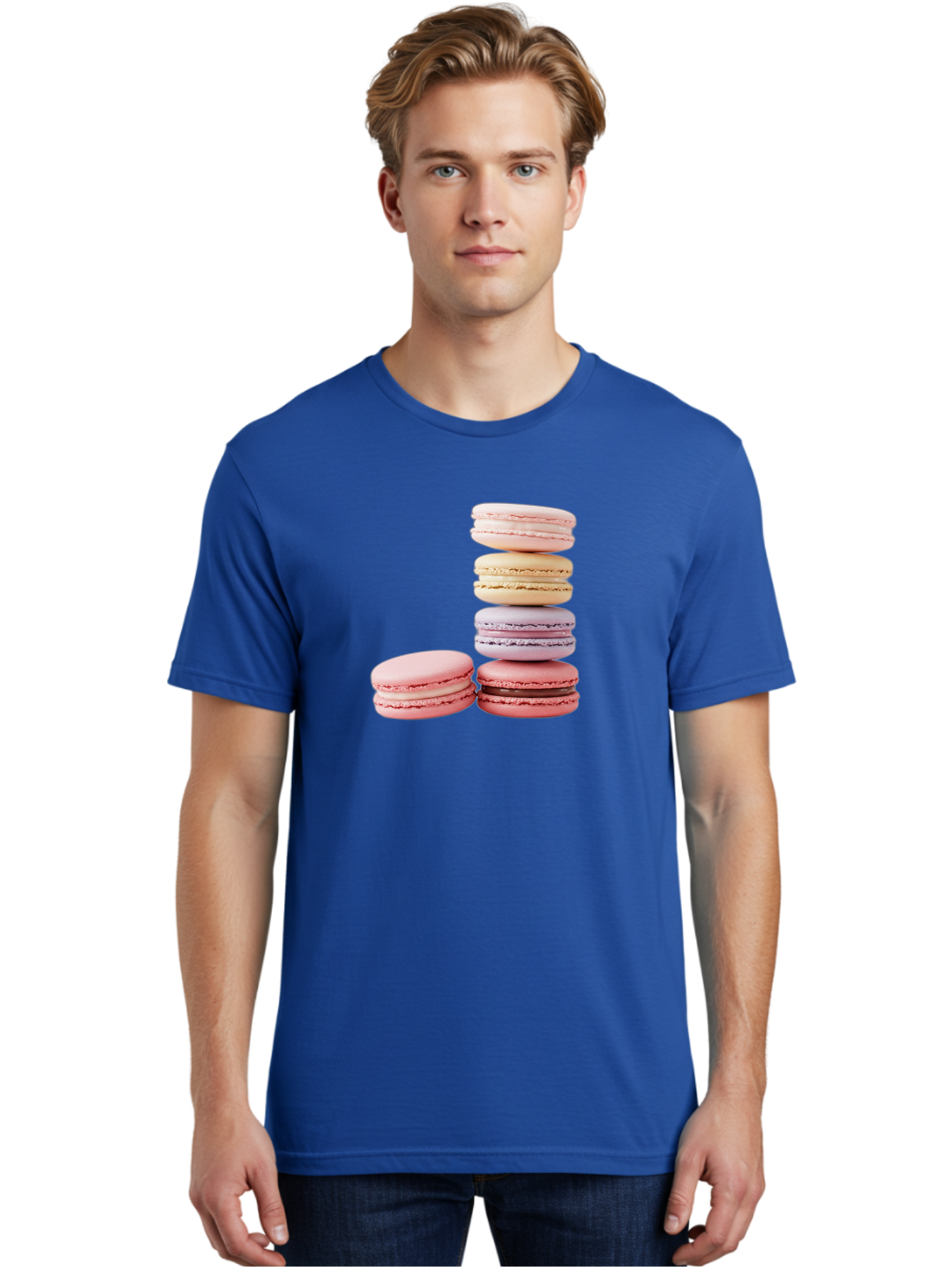 Macarons-3 Men'S Graphic Tee, 100% Cotton, Comfortable Casual Summer Wear, Machine Washable, Stacked Macarons, Pastel Colors, Pink, Purple, Beige, Dessert, Sweet Treats, French Macarons, Delicate Meringue-Based Cookies, Creamy Fillings, Baa947