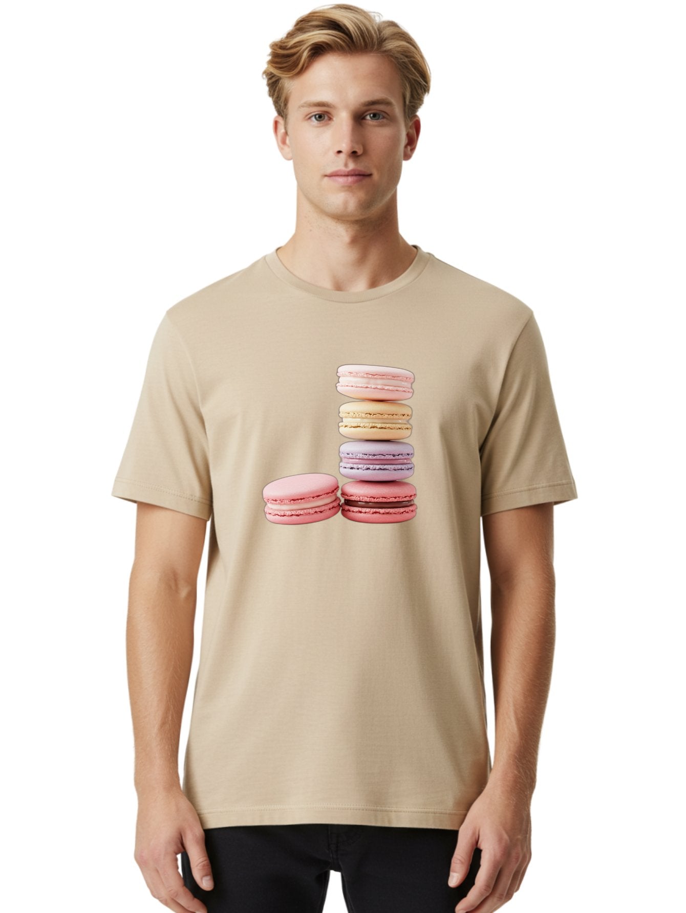 Macarons-3 Men'S Graphic Tee, 100% Cotton, Comfortable Casual Summer Wear, Machine Washable, Stacked Macarons, Pastel Colors, Pink, Purple, Beige, Dessert, Sweet Treats, French Macarons, Delicate Meringue-Based Cookies, Creamy Fillings, Baa947 19
