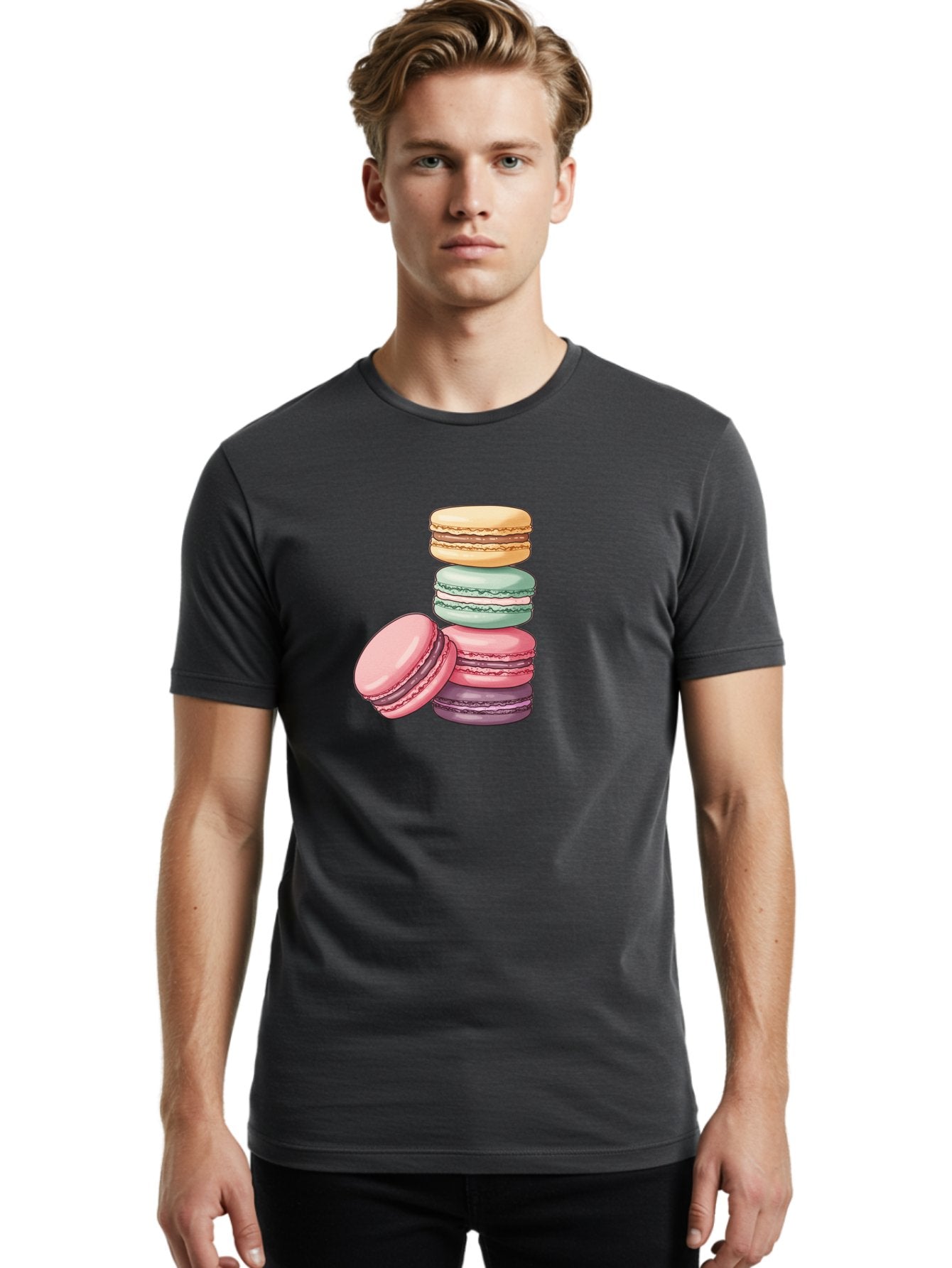 Macarons-4 Men'S Graphic Tee, 100% Cotton, Comfortable Casual Summer Wear, Machine Washable, Stack Of Colorful Macarons, Pastel Colors, Sweet Treats, Dessert, Baked Goods, French Patisserie, Macaron Stack, French Dessert, Colorful Sweets, Baa948 21