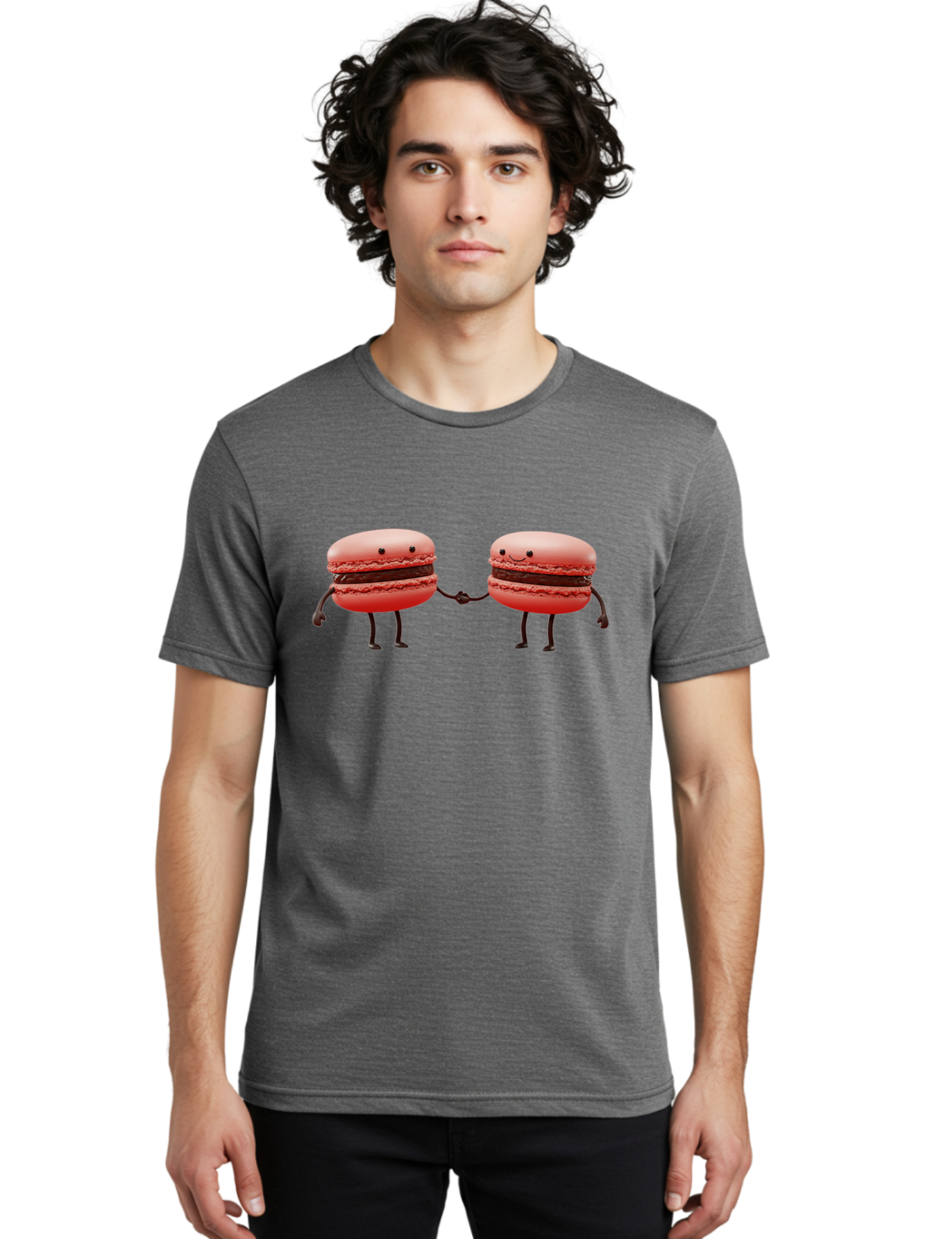 Macarons-6 Men'S Graphic Tee, 100% Cotton, Comfortable Casual Summer Wear, Machine Washable, Cartoon Macarons, Holding Hands, French Dessert, Sweet Treats, Adorable Characters, Whimsical Design, Playful Illustration, Pink Macarons, Baa950 24