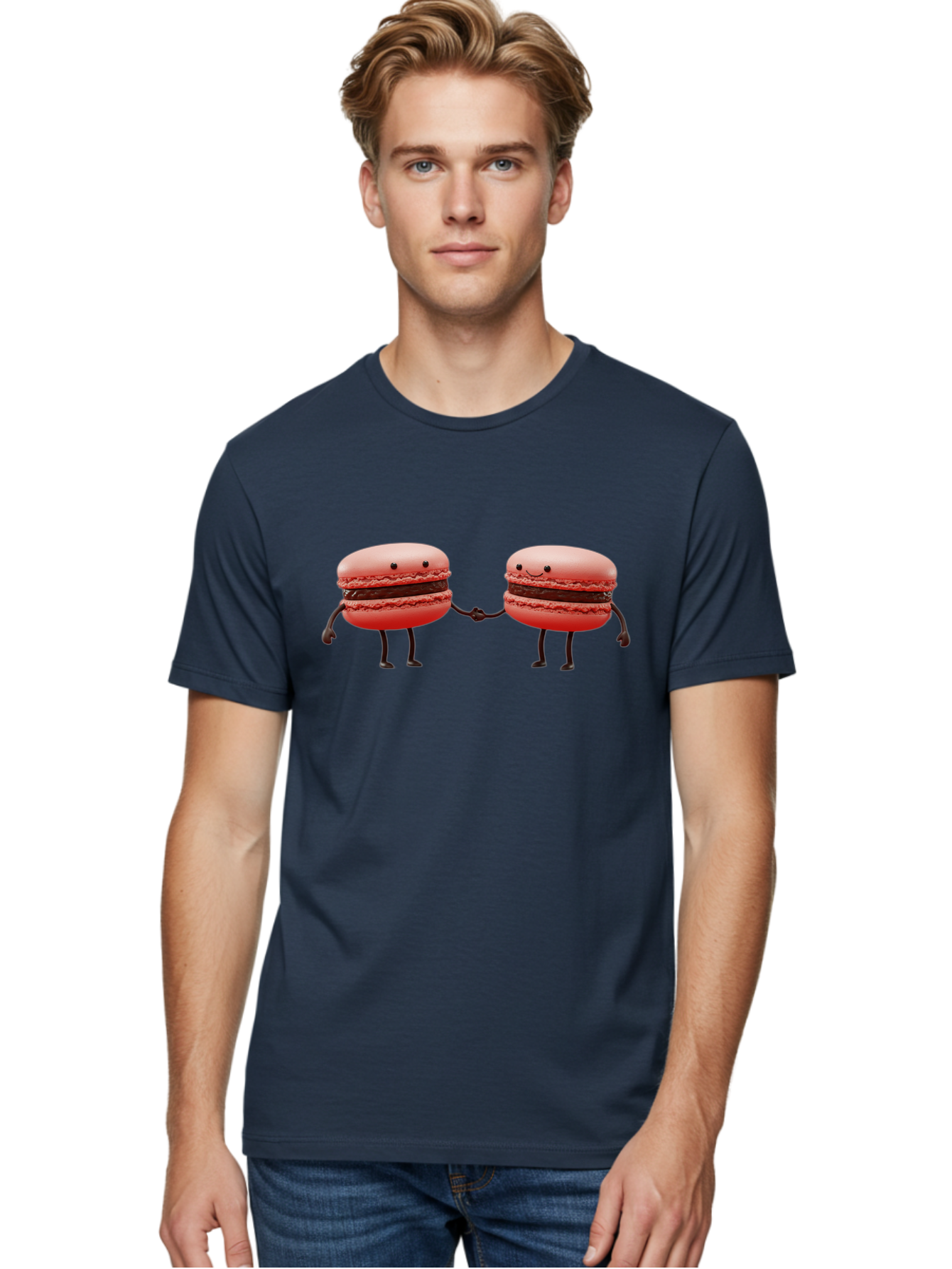 Macarons-6 Men'S Graphic Tee, 100% Cotton, Comfortable Casual Summer Wear, Machine Washable, Cartoon Macarons, Holding Hands, French Dessert, Sweet Treats, Adorable Characters, Whimsical Design, Playful Illustration, Pink Macarons, Baa950 30