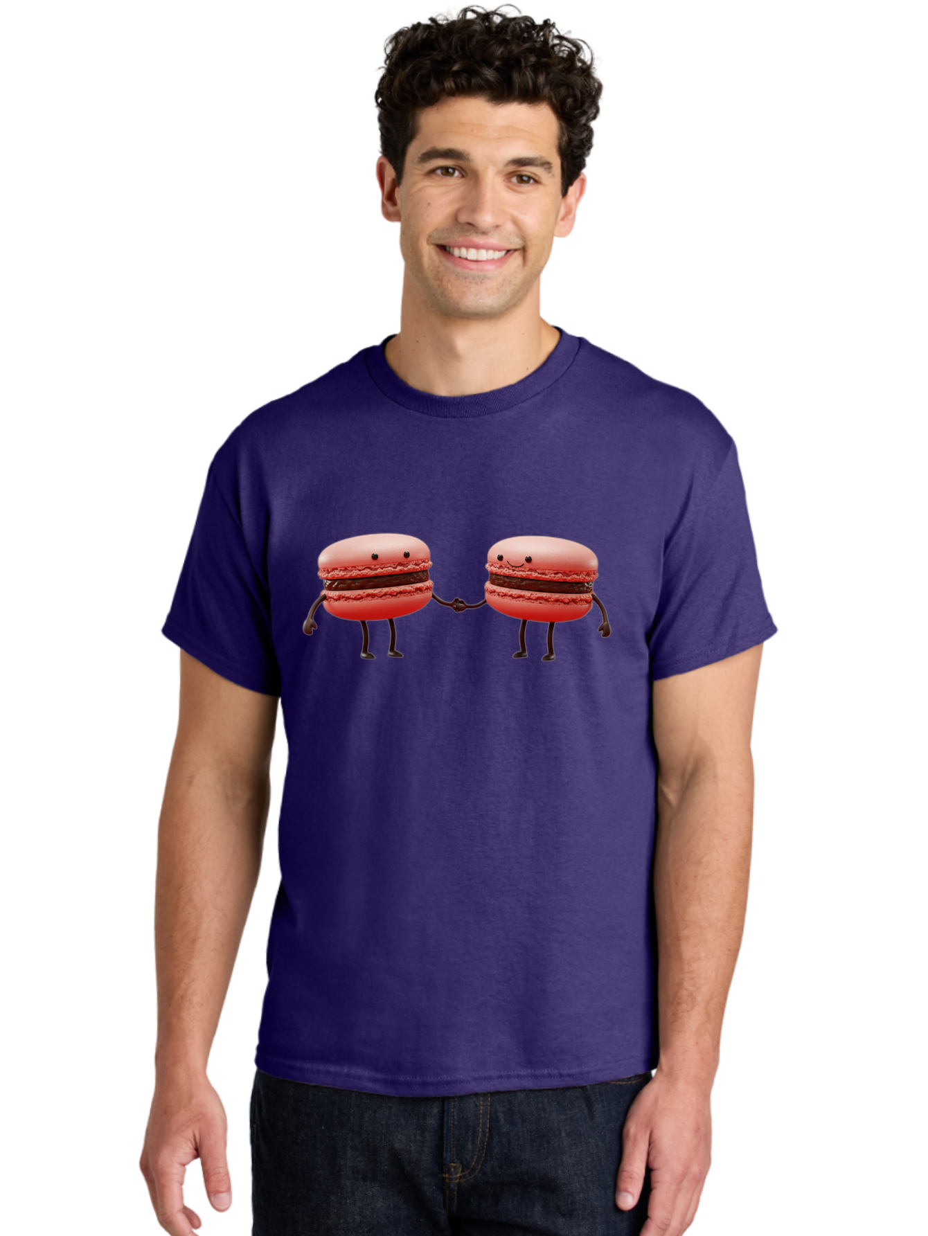 Macarons-6 Men'S Graphic Tee, 100% Cotton, Comfortable Casual Summer Wear, Machine Washable, Cartoon Macarons, Holding Hands, French Dessert, Sweet Treats, Adorable Characters, Whimsical Design, Playful Illustration, Pink Macarons, Baa950 8
