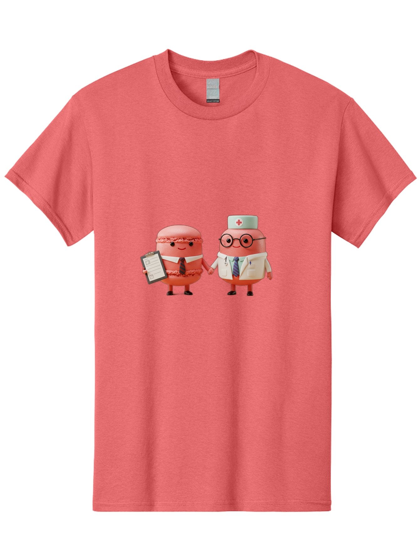Macarons-9 Men'S Graphic Tee, 100% Cotton, Comfortable Casual Summer Wear, Machine Washable, Macarons As Professionals, Doctor And Office Worker, Cartoon Characters, Pink Macarons, Business Attire, Medical Uniform, Holding Hands, Happy Faces, Baa953 12