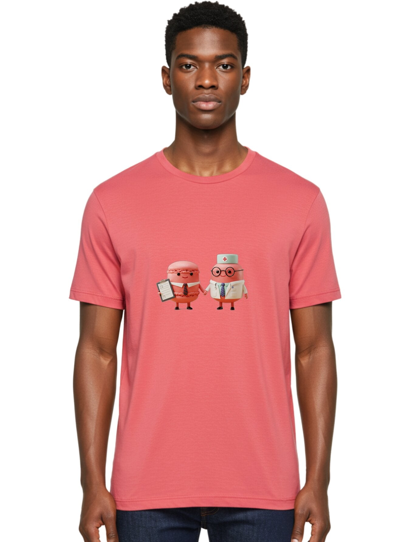 Macarons-9 Men'S Graphic Tee, 100% Cotton, Comfortable Casual Summer Wear, Machine Washable, Macarons As Professionals, Doctor And Office Worker, Cartoon Characters, Pink Macarons, Business Attire, Medical Uniform, Holding Hands, Happy Faces, Baa953 28
