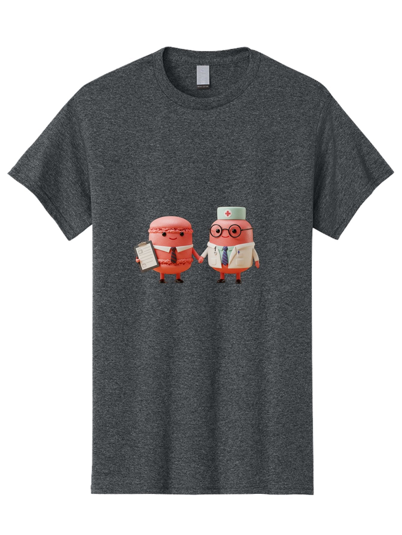 Macarons-9 Men'S Graphic Tee, 100% Cotton, Comfortable Casual Summer Wear, Machine Washable, Macarons As Professionals, Doctor And Office Worker, Cartoon Characters, Pink Macarons, Business Attire, Medical Uniform, Holding Hands, Happy Faces, Baa953 15
