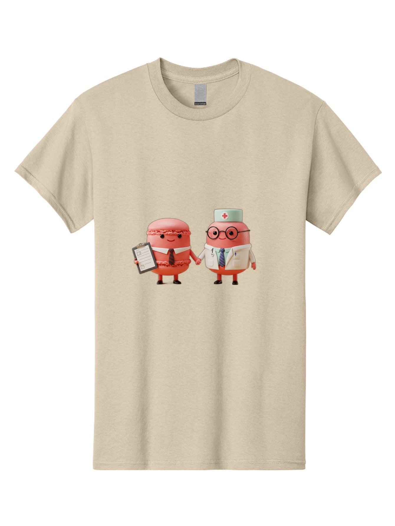 Macarons-9 Men'S Graphic Tee, 100% Cotton, Comfortable Casual Summer Wear, Machine Washable, Macarons As Professionals, Doctor And Office Worker, Cartoon Characters, Pink Macarons, Business Attire, Medical Uniform, Holding Hands, Happy Faces, Baa953