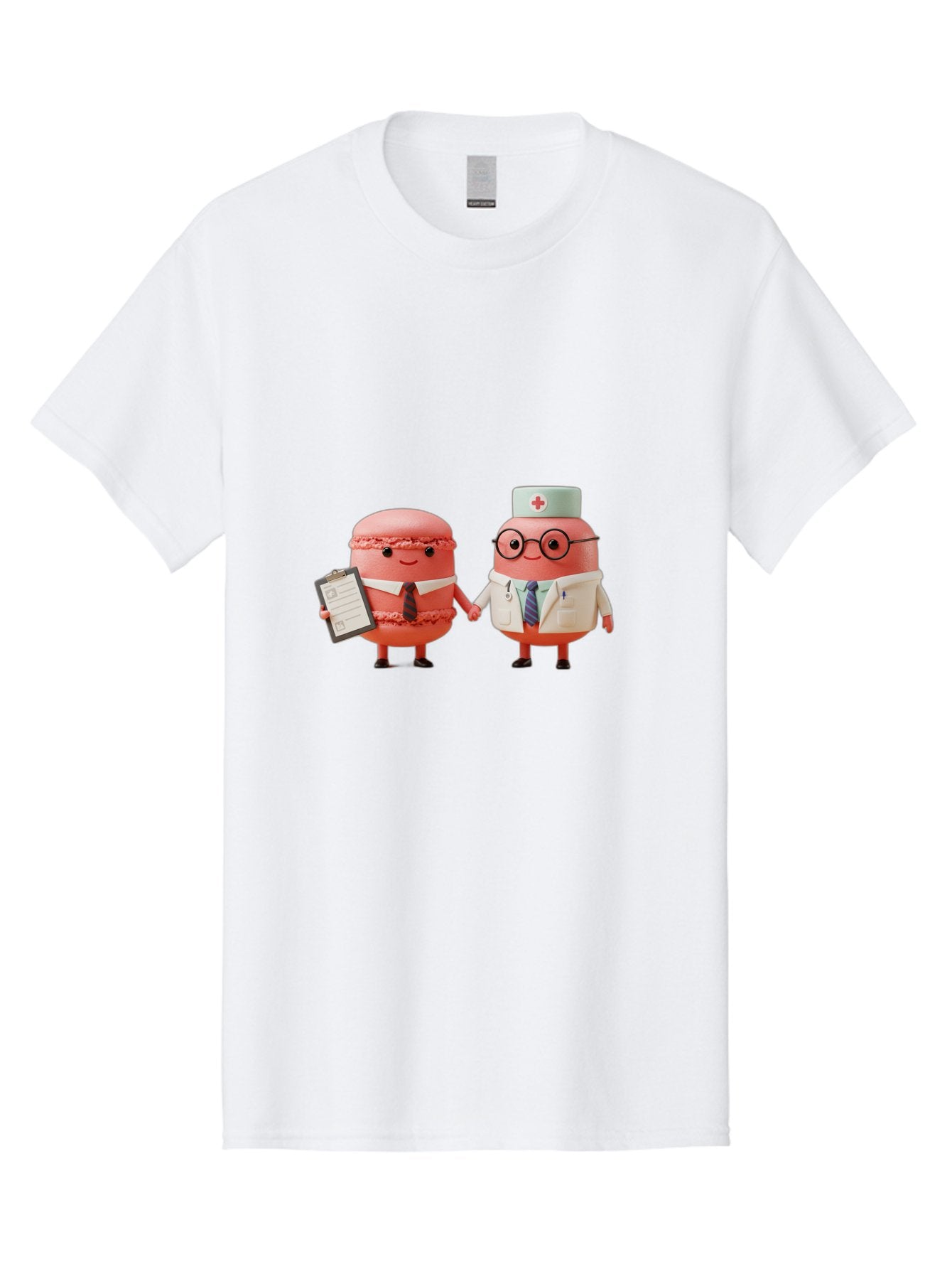 Macarons-9 Men'S Graphic Tee, 100% Cotton, Comfortable Casual Summer Wear, Machine Washable, Macarons As Professionals, Doctor And Office Worker, Cartoon Characters, Pink Macarons, Business Attire, Medical Uniform, Holding Hands, Happy Faces, Baa953 13