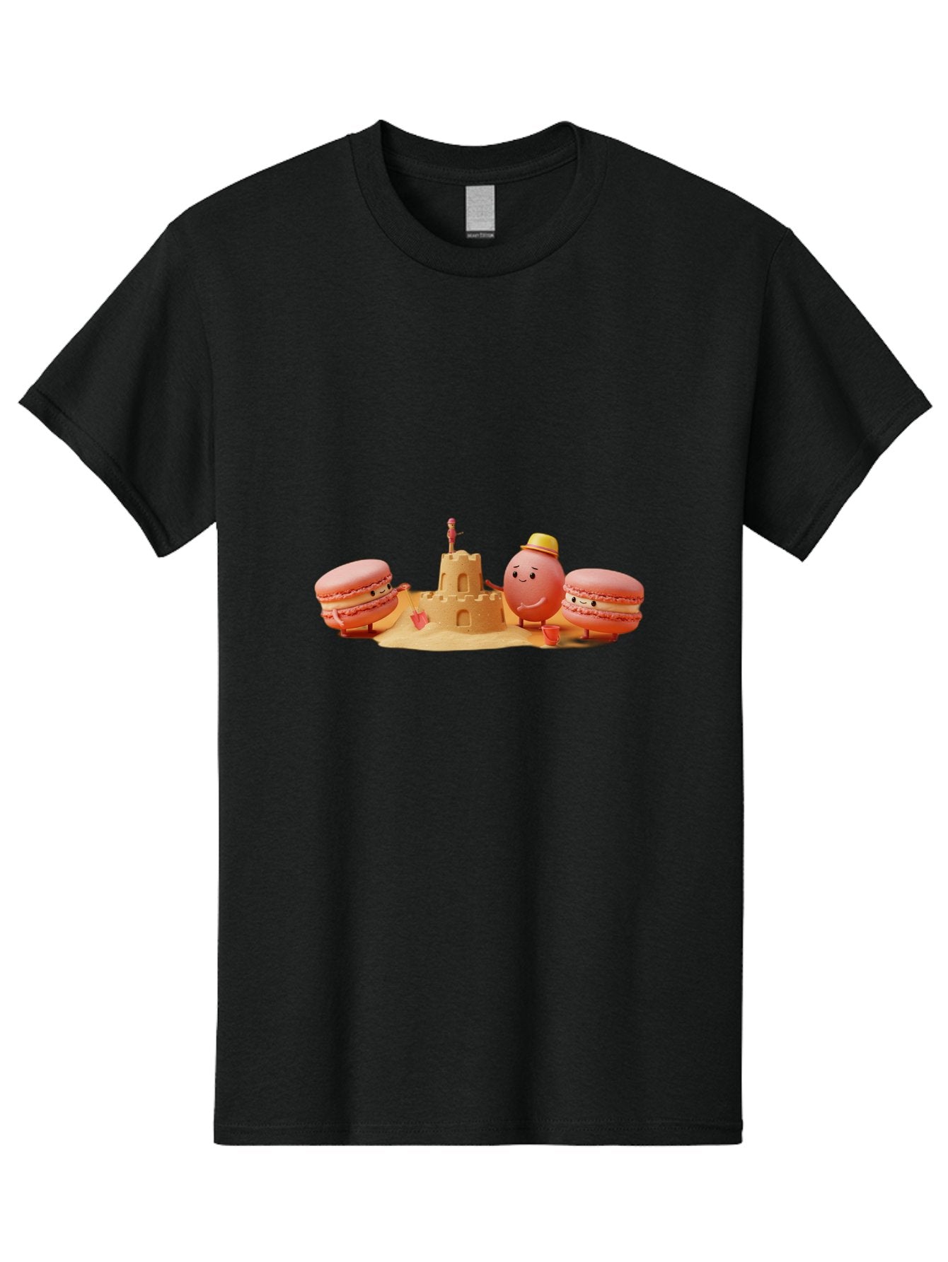 Macarons-And-Macaron-Character-By-Sandcastle Men'S Graphic Tee, 100% Cotton, Comfortable Casual Summer Wear, Machine Washable, Cartoon Macarons, Sandcastle, Beach Scene, Funny Friends, Sweet Treats, Summer Vibes, Playful Characters, Baa954