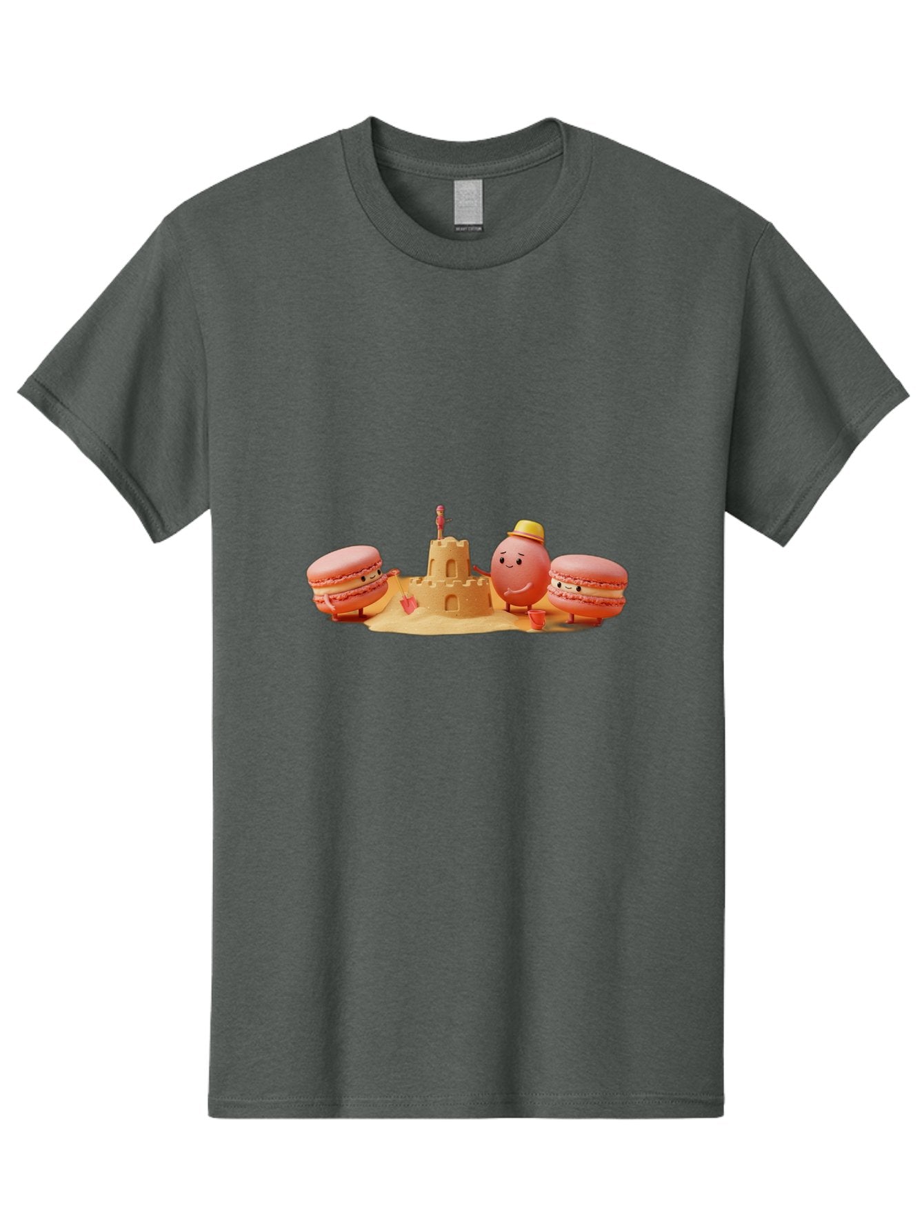 Macarons-And-Macaron-Character-By-Sandcastle Men'S Graphic Tee, 100% Cotton, Comfortable Casual Summer Wear, Machine Washable, Cartoon Macarons, Sandcastle, Beach Scene, Funny Friends, Sweet Treats, Summer Vibes, Playful Characters, Baa954 12