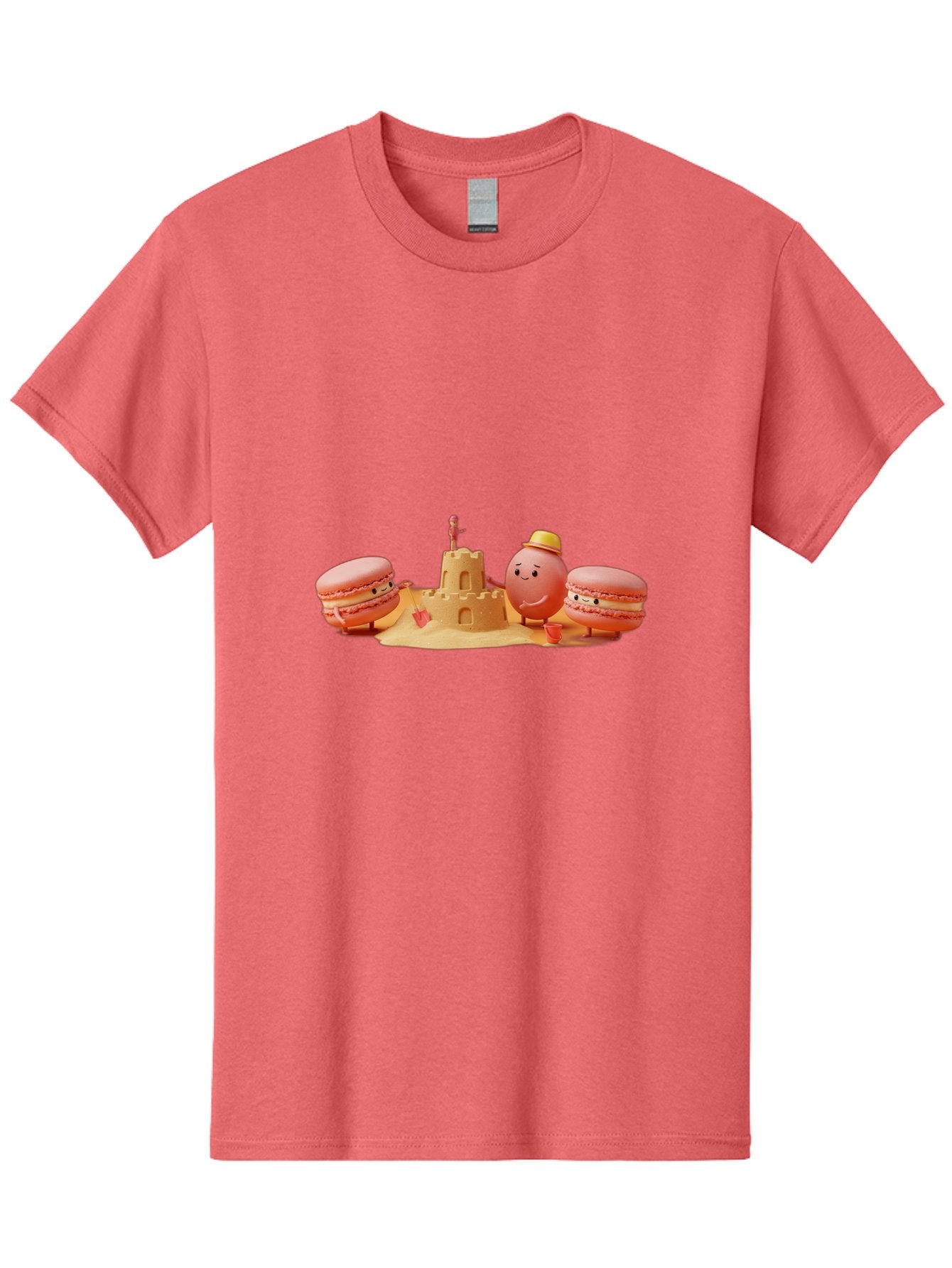 Macarons-And-Macaron-Character-By-Sandcastle Men'S Graphic Tee, 100% Cotton, Comfortable Casual Summer Wear, Machine Washable, Cartoon Macarons, Sandcastle, Beach Scene, Funny Friends, Sweet Treats, Summer Vibes, Playful Characters, Baa954 8