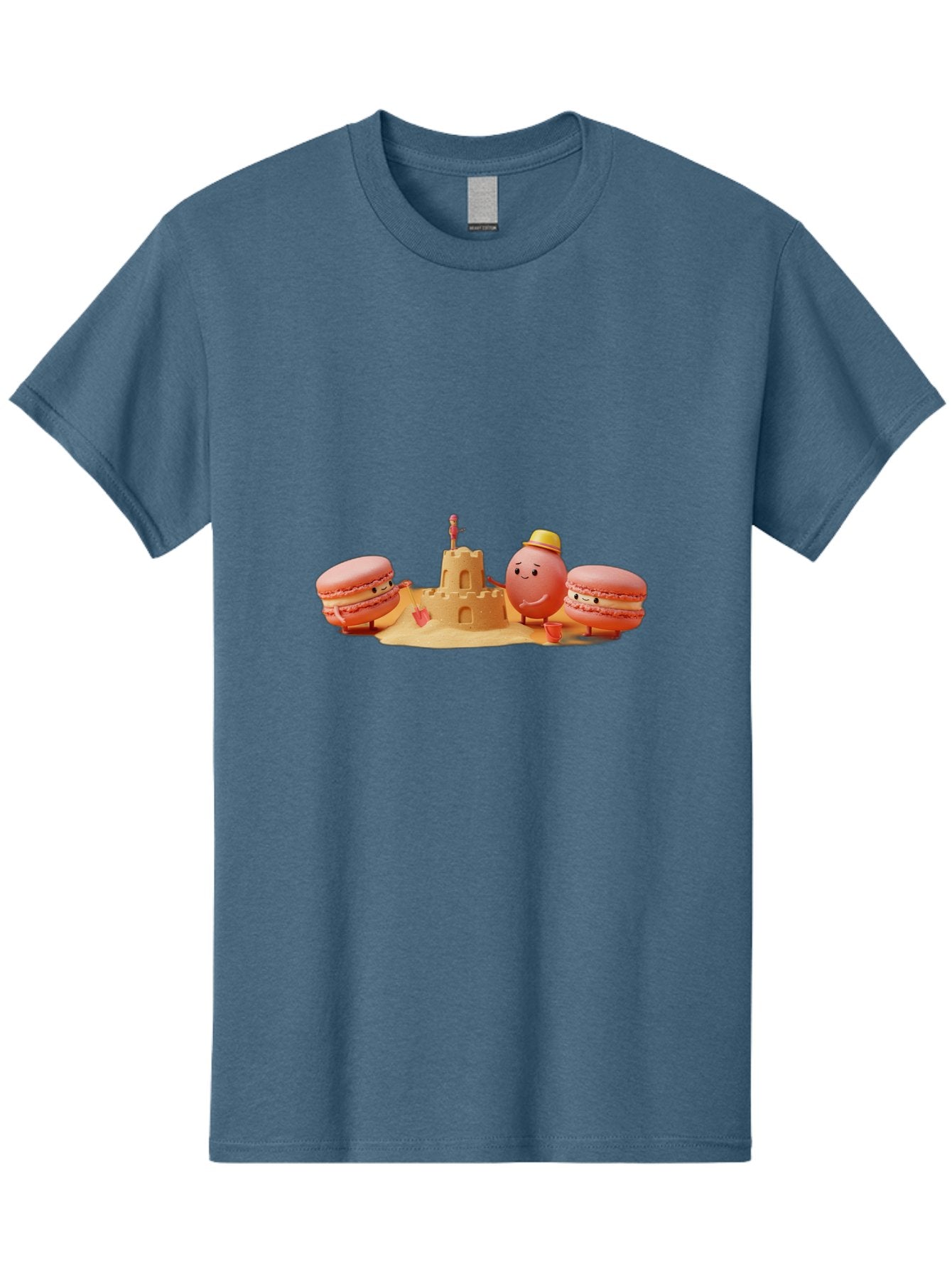 Macarons-And-Macaron-Character-By-Sandcastle Men'S Graphic Tee, 100% Cotton, Comfortable Casual Summer Wear, Machine Washable, Cartoon Macarons, Sandcastle, Beach Scene, Funny Friends, Sweet Treats, Summer Vibes, Playful Characters, Baa954 10