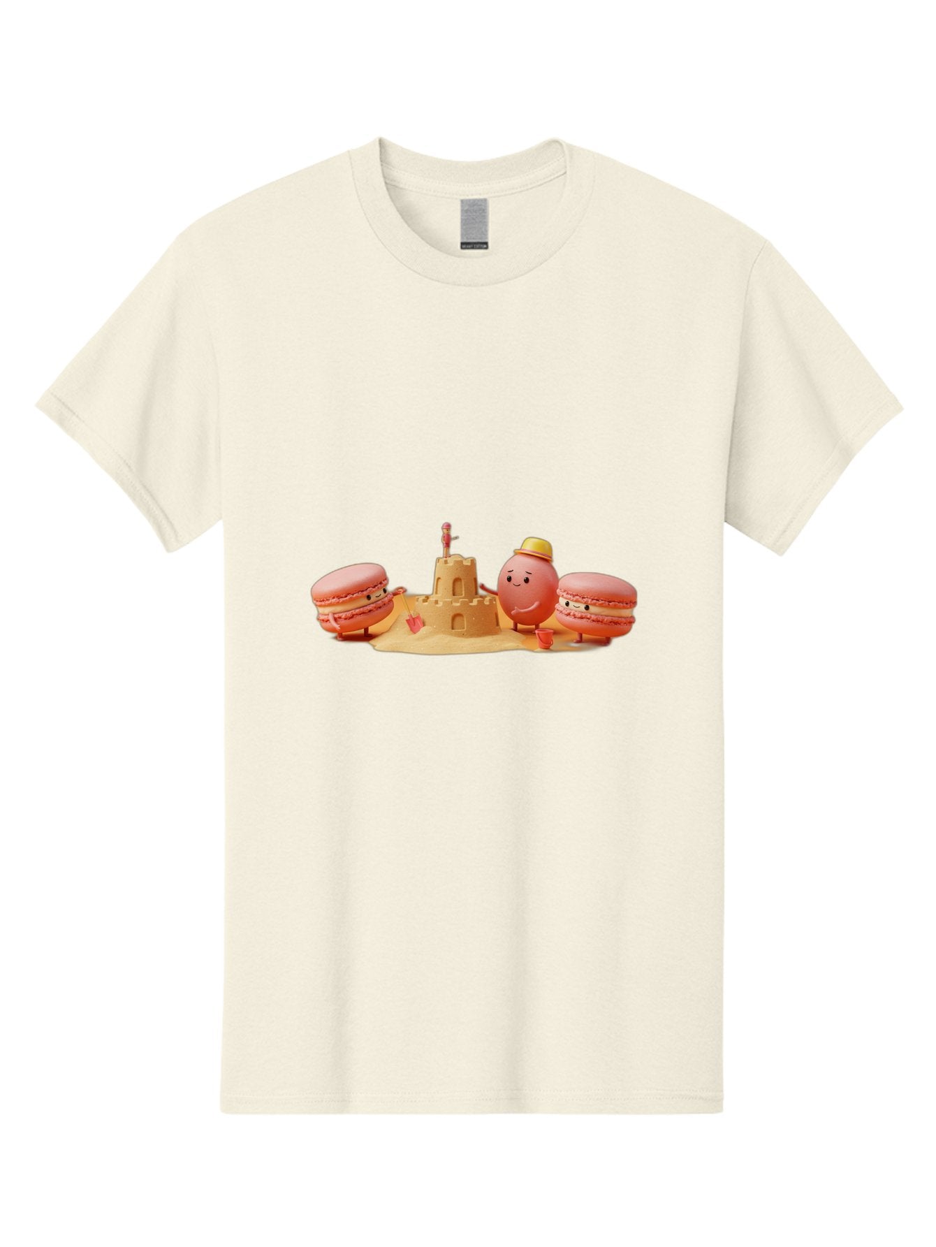 Macarons-And-Macaron-Character-By-Sandcastle Men'S Graphic Tee, 100% Cotton, Comfortable Casual Summer Wear, Machine Washable, Cartoon Macarons, Sandcastle, Beach Scene, Funny Friends, Sweet Treats, Summer Vibes, Playful Characters, Baa954 3