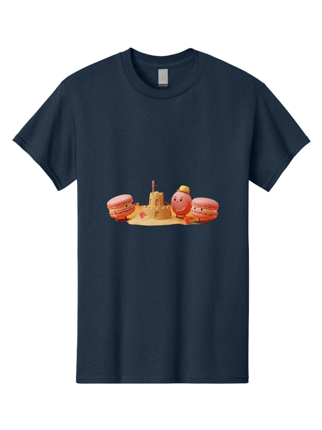 Macarons-And-Macaron-Character-By-Sandcastle Men'S Graphic Tee, 100% Cotton, Comfortable Casual Summer Wear, Machine Washable, Cartoon Macarons, Sandcastle, Beach Scene, Funny Friends, Sweet Treats, Summer Vibes, Playful Characters, Baa954