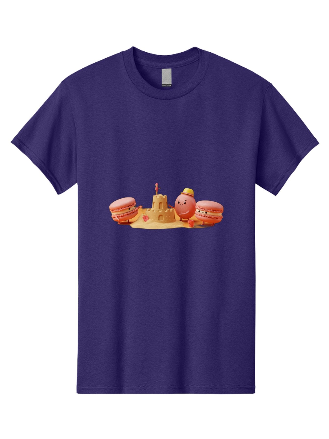 Macarons-And-Macaron-Character-By-Sandcastle Men'S Graphic Tee, 100% Cotton, Comfortable Casual Summer Wear, Machine Washable, Cartoon Macarons, Sandcastle, Beach Scene, Funny Friends, Sweet Treats, Summer Vibes, Playful Characters, Baa954 4