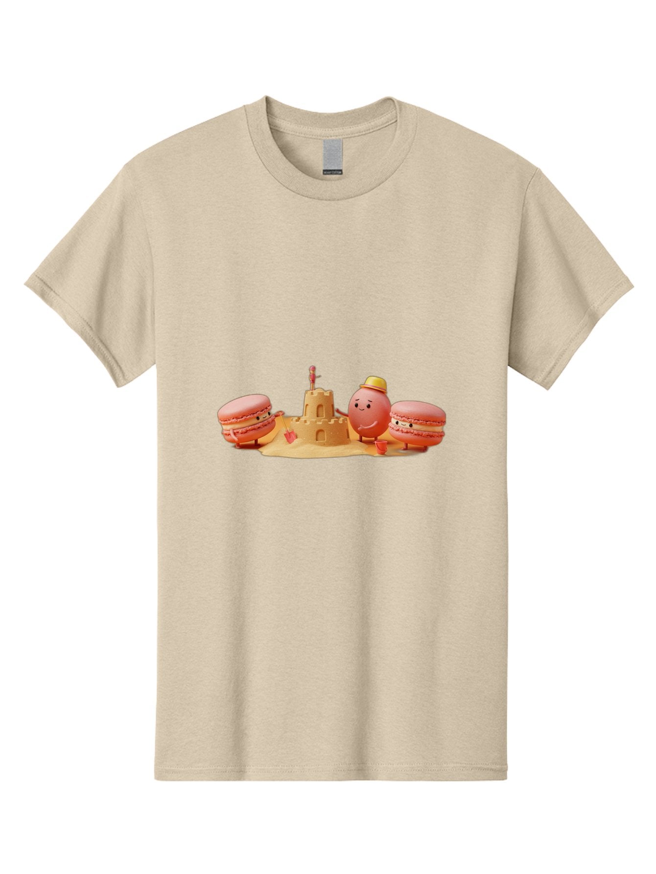 Macarons-And-Macaron-Character-By-Sandcastle Men'S Graphic Tee, 100% Cotton, Comfortable Casual Summer Wear, Machine Washable, Cartoon Macarons, Sandcastle, Beach Scene, Funny Friends, Sweet Treats, Summer Vibes, Playful Characters, Baa954 9