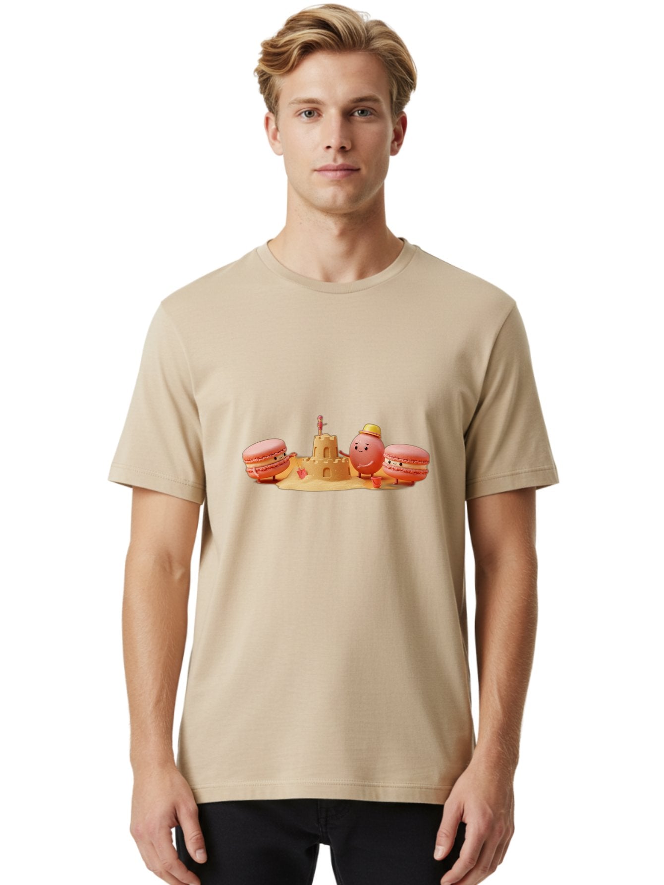Macarons-And-Macaron-Character-By-Sandcastle Men'S Graphic Tee, 100% Cotton, Comfortable Casual Summer Wear, Machine Washable, Cartoon Macarons, Sandcastle, Beach Scene, Funny Friends, Sweet Treats, Summer Vibes, Playful Characters, Baa954 26