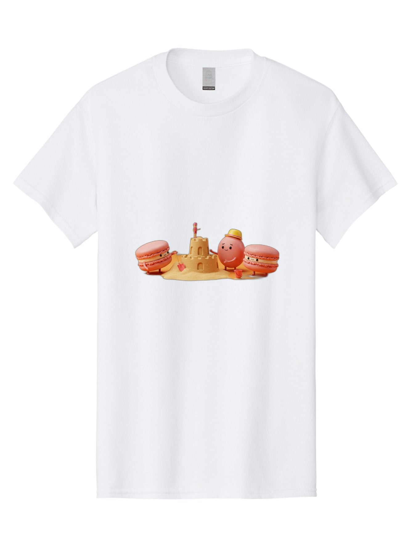 Macarons-And-Macaron-Character-By-Sandcastle Men'S Graphic Tee, 100% Cotton, Comfortable Casual Summer Wear, Machine Washable, Cartoon Macarons, Sandcastle, Beach Scene, Funny Friends, Sweet Treats, Summer Vibes, Playful Characters, Baa954 5
