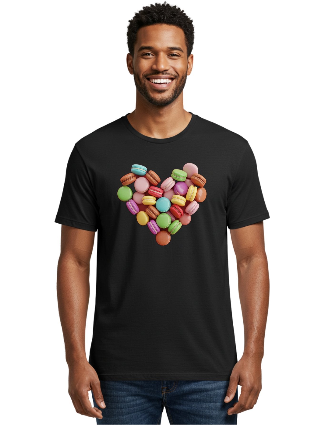 Macarons-Heart Men'S Graphic Tee, 100% Cotton, Comfortable Casual Summer Wear, Machine Washable, Pastel Colored Macarons, Heart-Shaped Arrangement, Sweet Treats, Desserts, Colorful Sweets, French Patisserie, Macaron Dessert, Vibrant Colors, Baa956 30