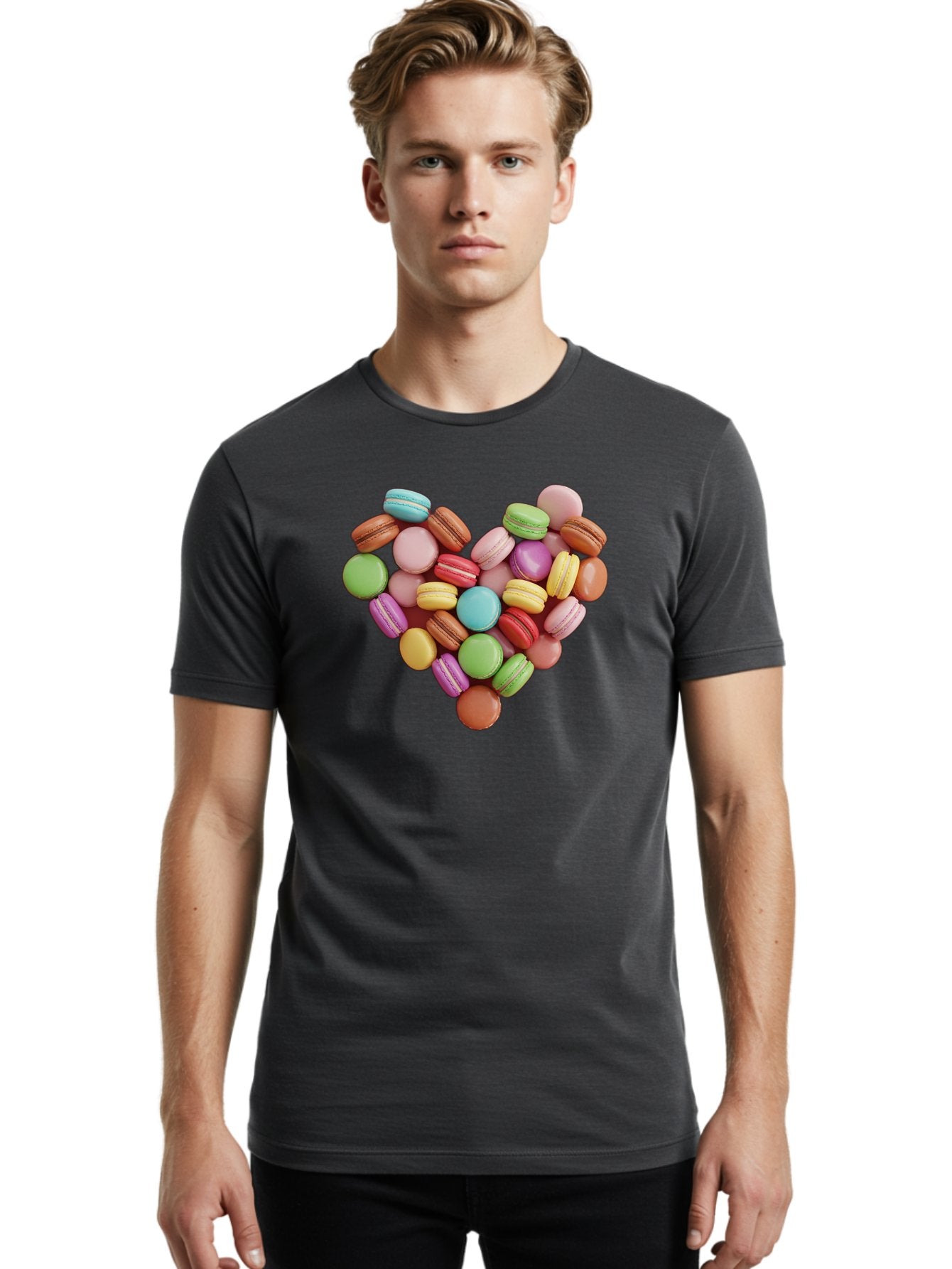 Macarons-Heart Men'S Graphic Tee, 100% Cotton, Comfortable Casual Summer Wear, Machine Washable, Pastel Colored Macarons, Heart-Shaped Arrangement, Sweet Treats, Desserts, Colorful Sweets, French Patisserie, Macaron Dessert, Vibrant Colors, Baa956 22