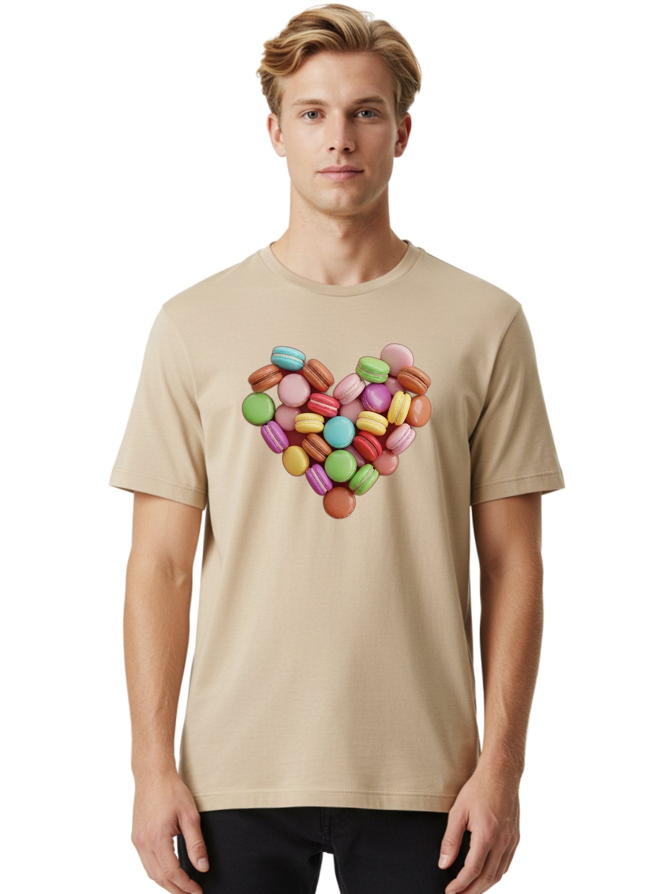 Macarons-Heart Men'S Graphic Tee, 100% Cotton, Comfortable Casual Summer Wear, Machine Washable, Pastel Colored Macarons, Heart-Shaped Arrangement, Sweet Treats, Desserts, Colorful Sweets, French Patisserie, Macaron Dessert, Vibrant Colors, Baa956 28