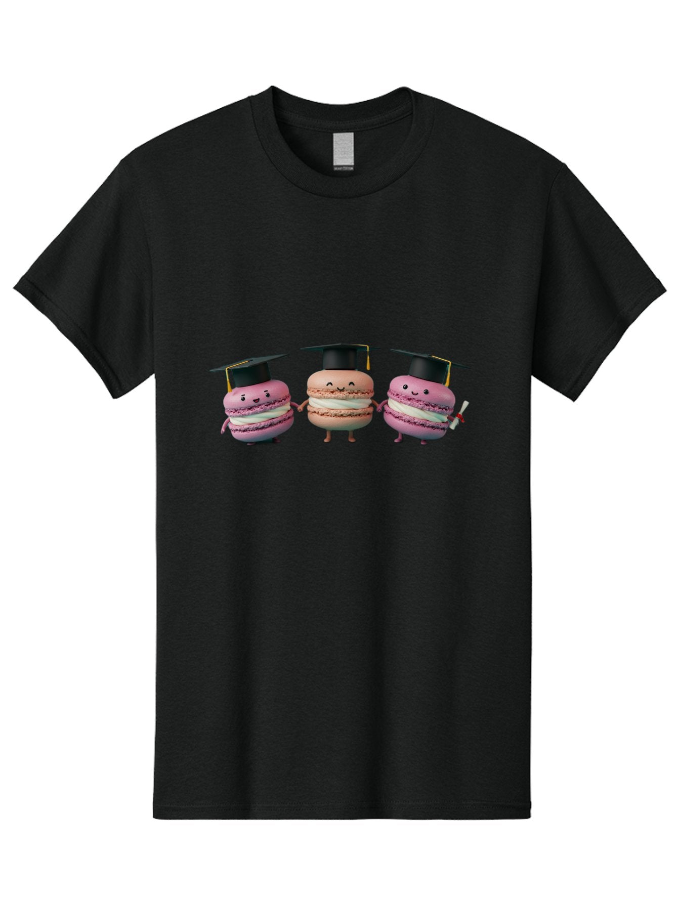 Macarons-In-Graduation-Caps Men'S Graphic Tee, 100% Cotton, Comfortable Casual Summer Wear, Machine Washable, Macarons In Graduation Caps, Cartoon Characters, Holding Hands, Smiling Faces, Diploma In Hand, Celebratory Mood, Pink Macarons, Baa957 5