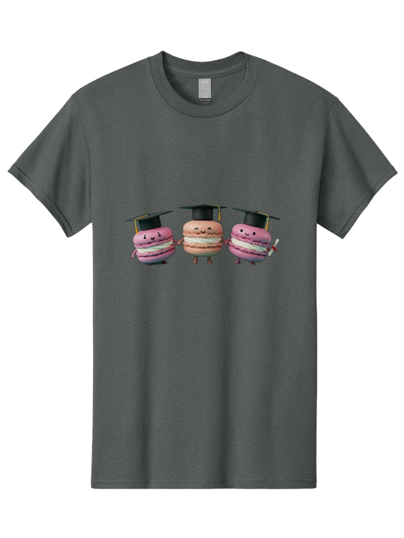 Macarons-In-Graduation-Caps Men'S Graphic Tee, 100% Cotton, Comfortable Casual Summer Wear, Machine Washable, Macarons In Graduation Caps, Cartoon Characters, Holding Hands, Smiling Faces, Diploma In Hand, Celebratory Mood, Pink Macarons, Baa957 8