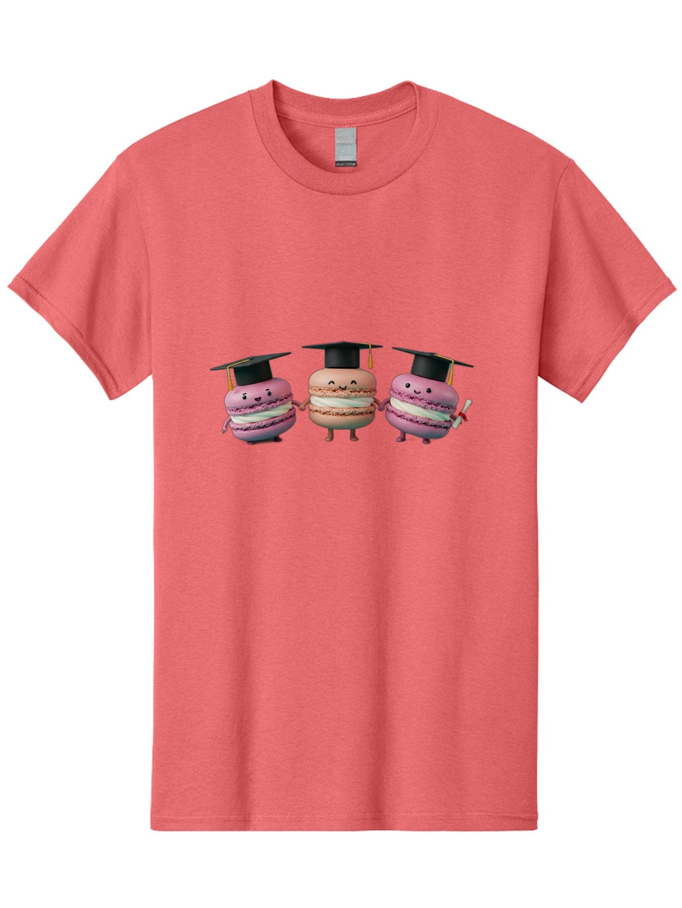 Macarons-In-Graduation-Caps Men'S Graphic Tee, 100% Cotton, Comfortable Casual Summer Wear, Machine Washable, Macarons In Graduation Caps, Cartoon Characters, Holding Hands, Smiling Faces, Diploma In Hand, Celebratory Mood, Pink Macarons, Baa957 3