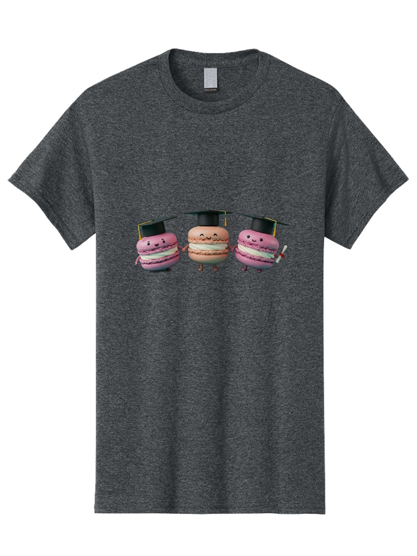 Macarons-In-Graduation-Caps Men'S Graphic Tee, 100% Cotton, Comfortable Casual Summer Wear, Machine Washable, Macarons In Graduation Caps, Cartoon Characters, Holding Hands, Smiling Faces, Diploma In Hand, Celebratory Mood, Pink Macarons, Baa957 9