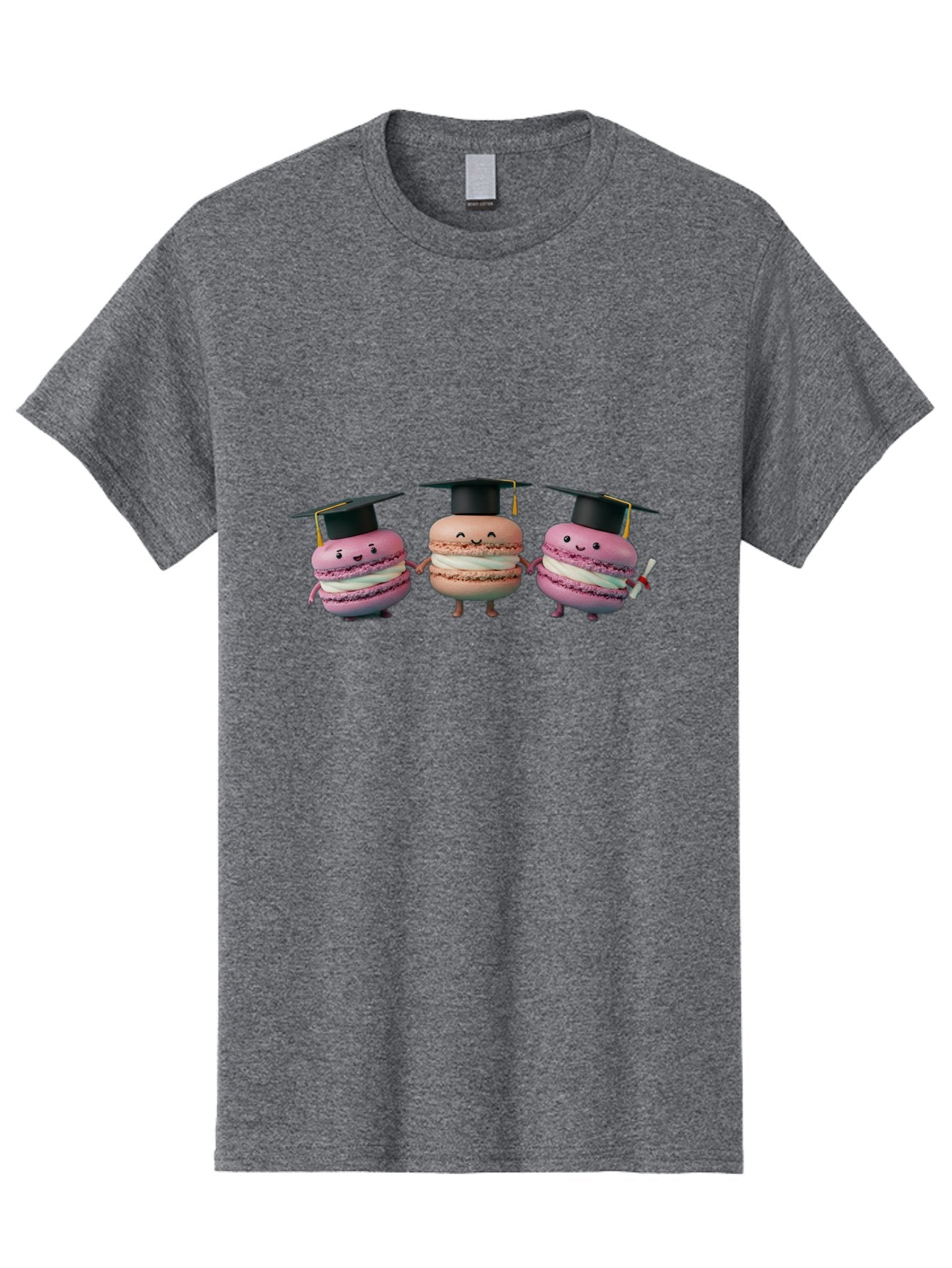 Macarons-In-Graduation-Caps Men'S Graphic Tee, 100% Cotton, Comfortable Casual Summer Wear, Machine Washable, Macarons In Graduation Caps, Cartoon Characters, Holding Hands, Smiling Faces, Diploma In Hand, Celebratory Mood, Pink Macarons, Baa957 10