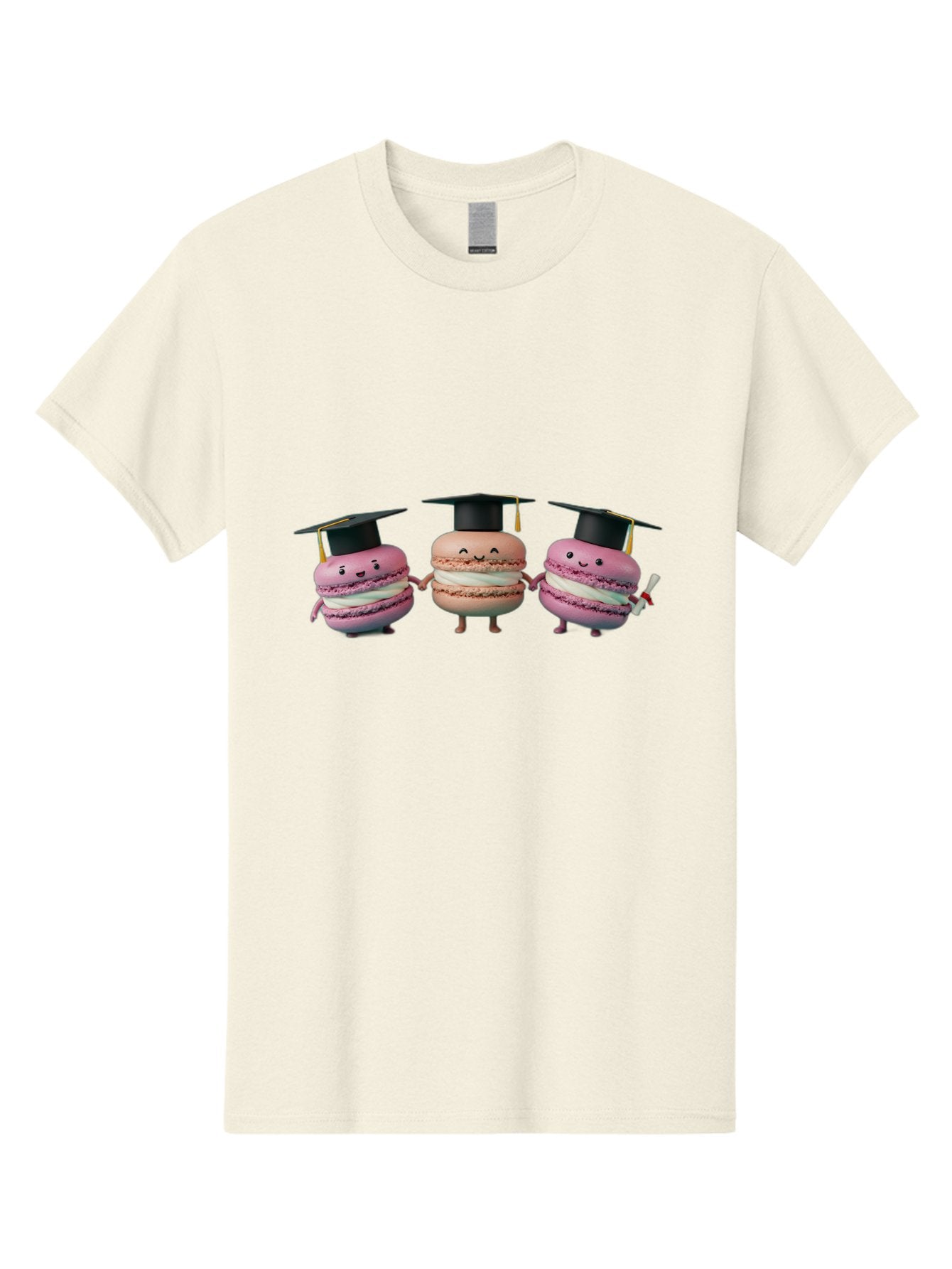 Macarons-In-Graduation-Caps Men'S Graphic Tee, 100% Cotton, Comfortable Casual Summer Wear, Machine Washable, Macarons In Graduation Caps, Cartoon Characters, Holding Hands, Smiling Faces, Diploma In Hand, Celebratory Mood, Pink Macarons, Baa957 13