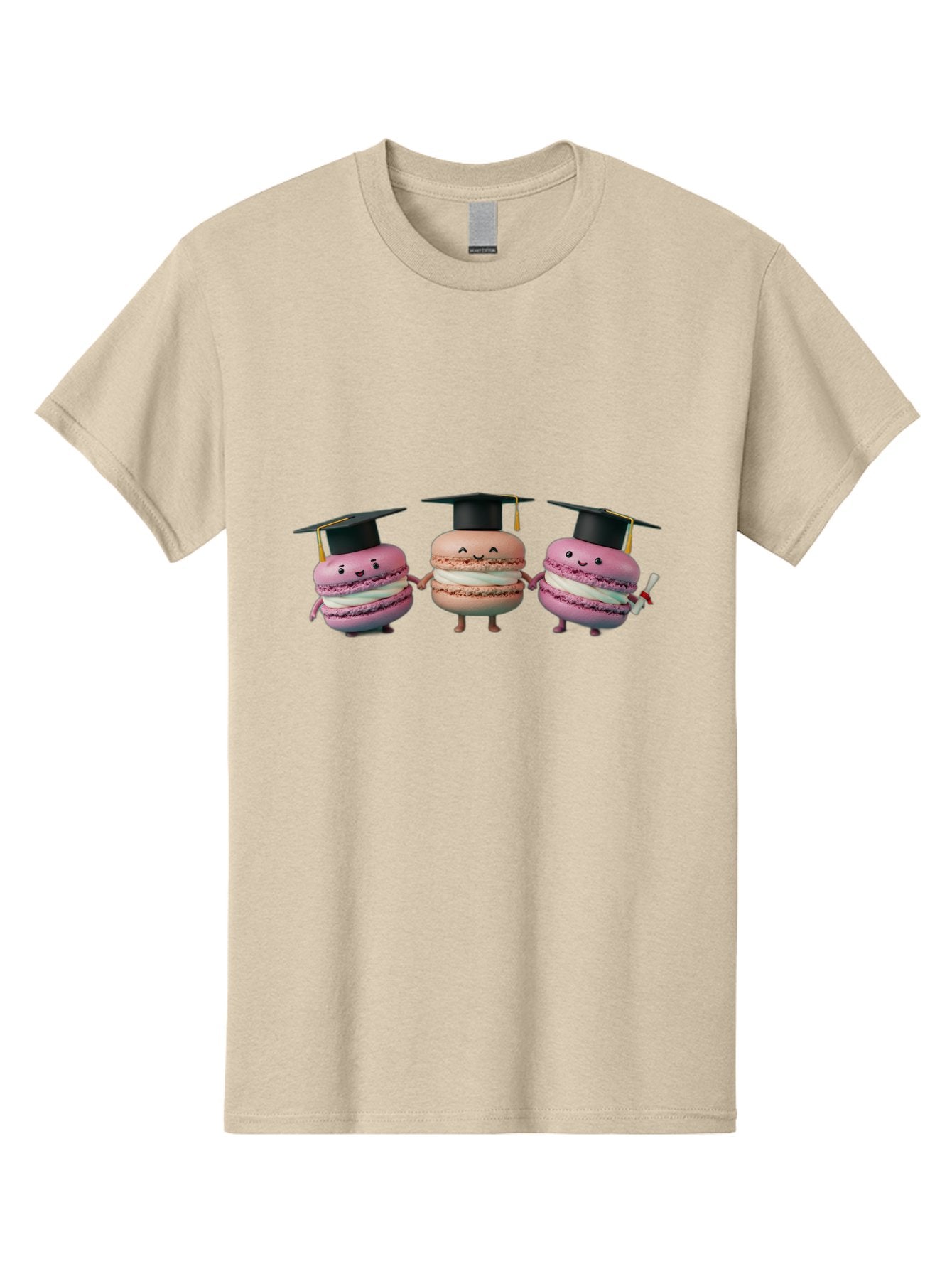 Macarons-In-Graduation-Caps Men'S Graphic Tee, 100% Cotton, Comfortable Casual Summer Wear, Machine Washable, Macarons In Graduation Caps, Cartoon Characters, Holding Hands, Smiling Faces, Diploma In Hand, Celebratory Mood, Pink Macarons, Baa957 6