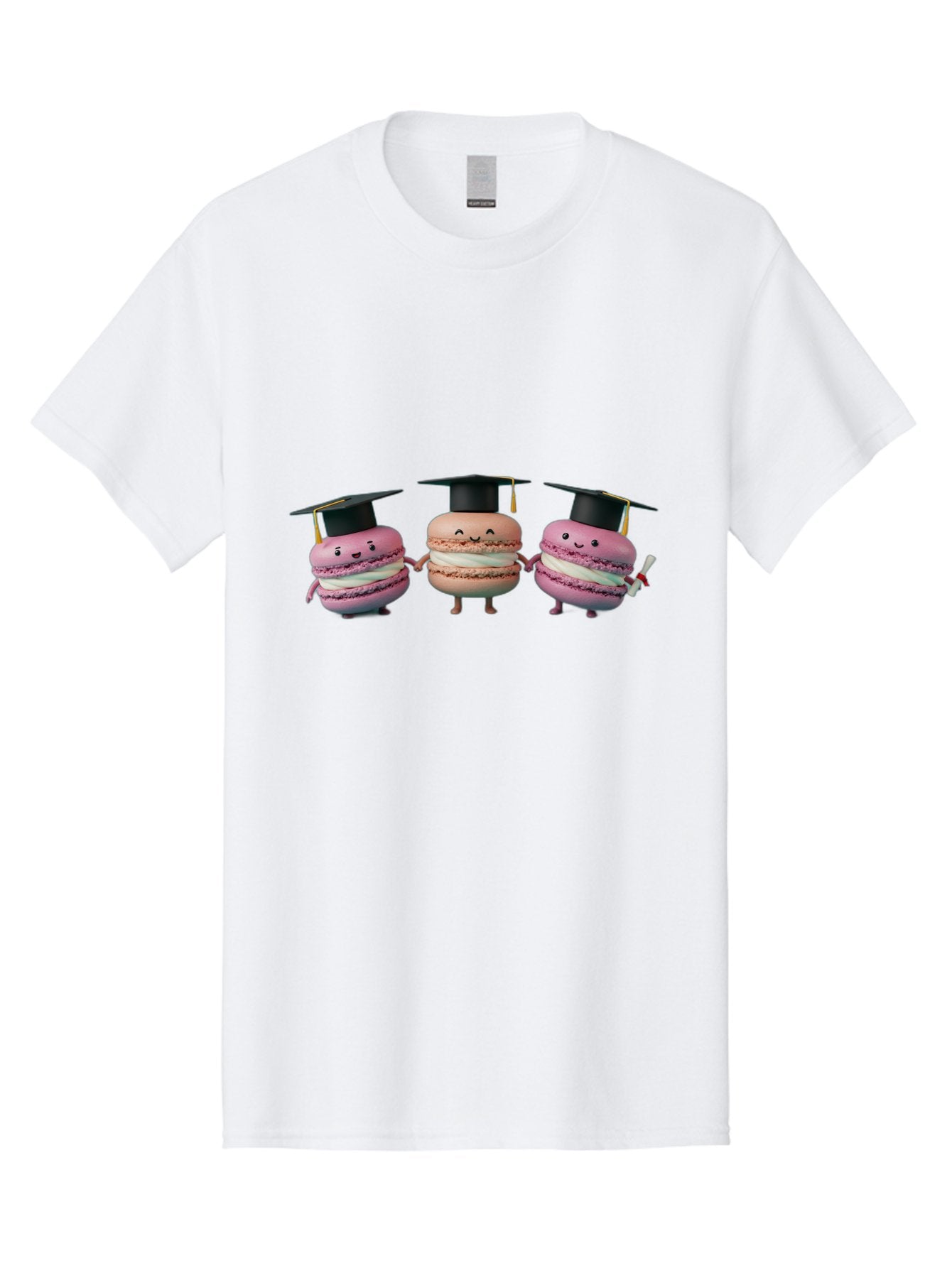 Macarons-In-Graduation-Caps Men'S Graphic Tee, 100% Cotton, Comfortable Casual Summer Wear, Machine Washable, Macarons In Graduation Caps, Cartoon Characters, Holding Hands, Smiling Faces, Diploma In Hand, Celebratory Mood, Pink Macarons, Baa957 4