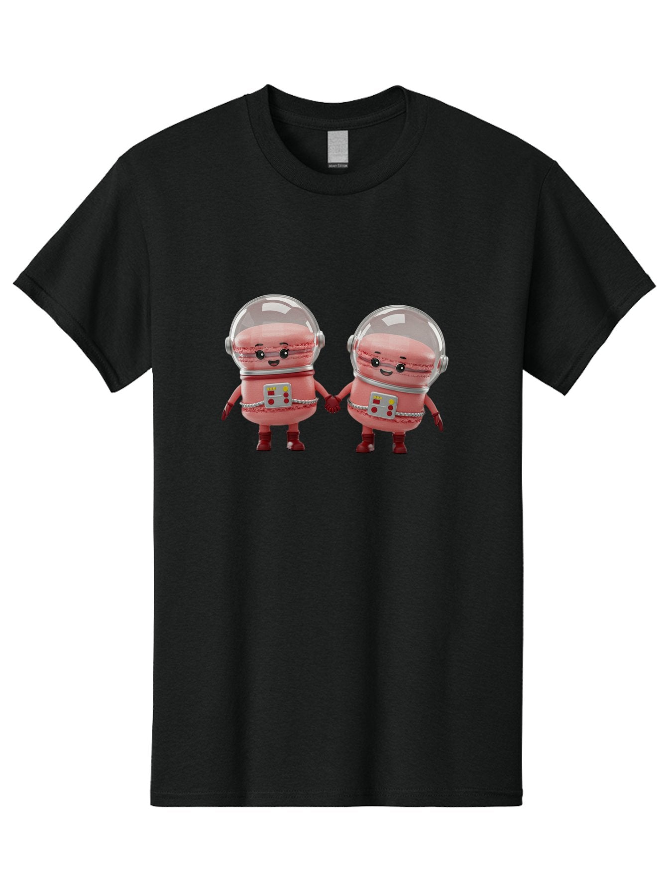 Macarons-In-Space-Helmets Men'S Graphic Tee, 100% Cotton, Comfortable Casual Summer Wear, Machine Washable, Cartoon Macarons, Space Helmets, Anthropomorphic Desserts, Pink Macarons, Space Suits, Holding Hands, Cute Robots, Sweet Treats, Baa958 6