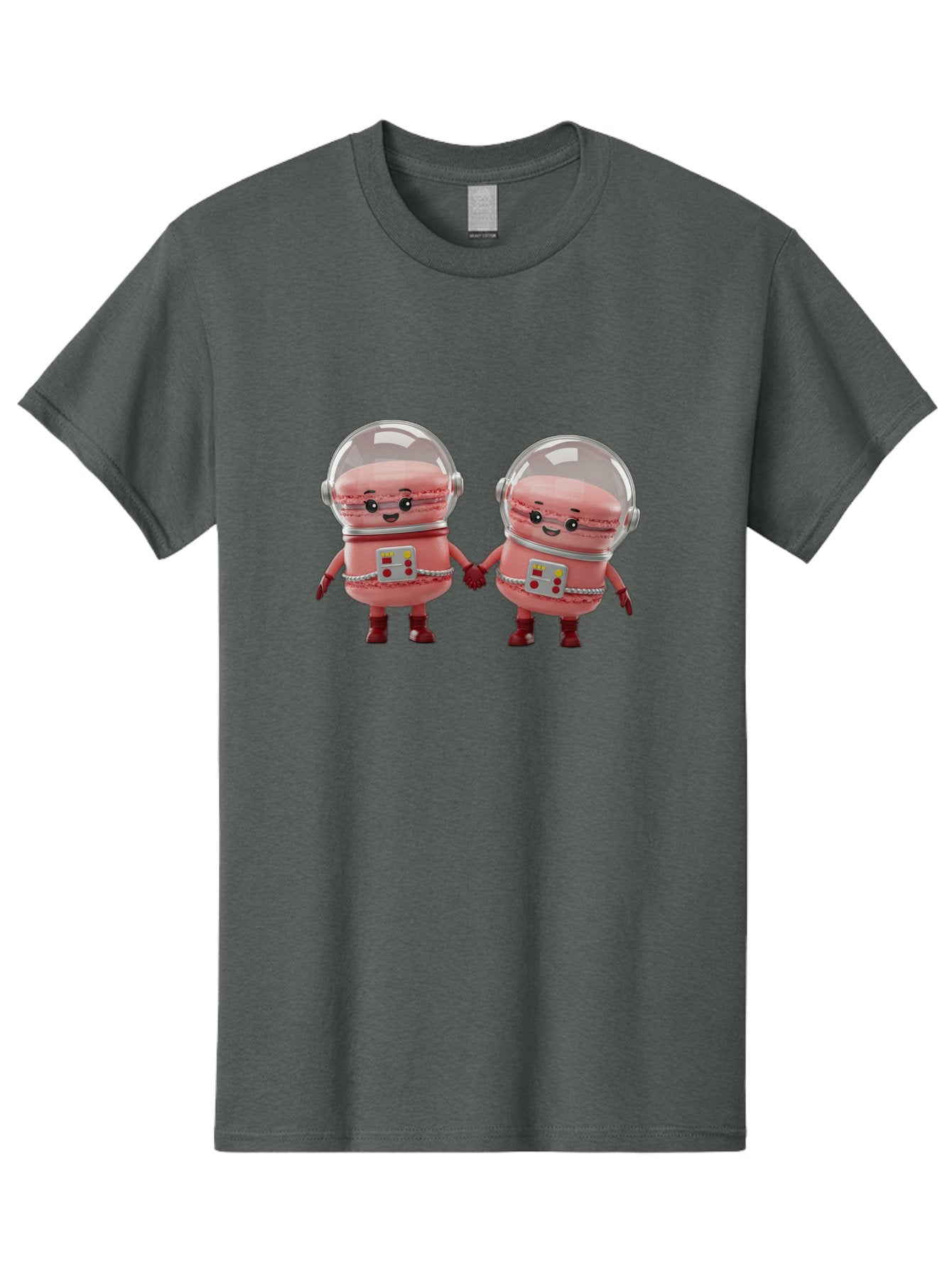 Macarons-In-Space-Helmets Men'S Graphic Tee, 100% Cotton, Comfortable Casual Summer Wear, Machine Washable, Cartoon Macarons, Space Helmets, Anthropomorphic Desserts, Pink Macarons, Space Suits, Holding Hands, Cute Robots, Sweet Treats, Baa958 5
