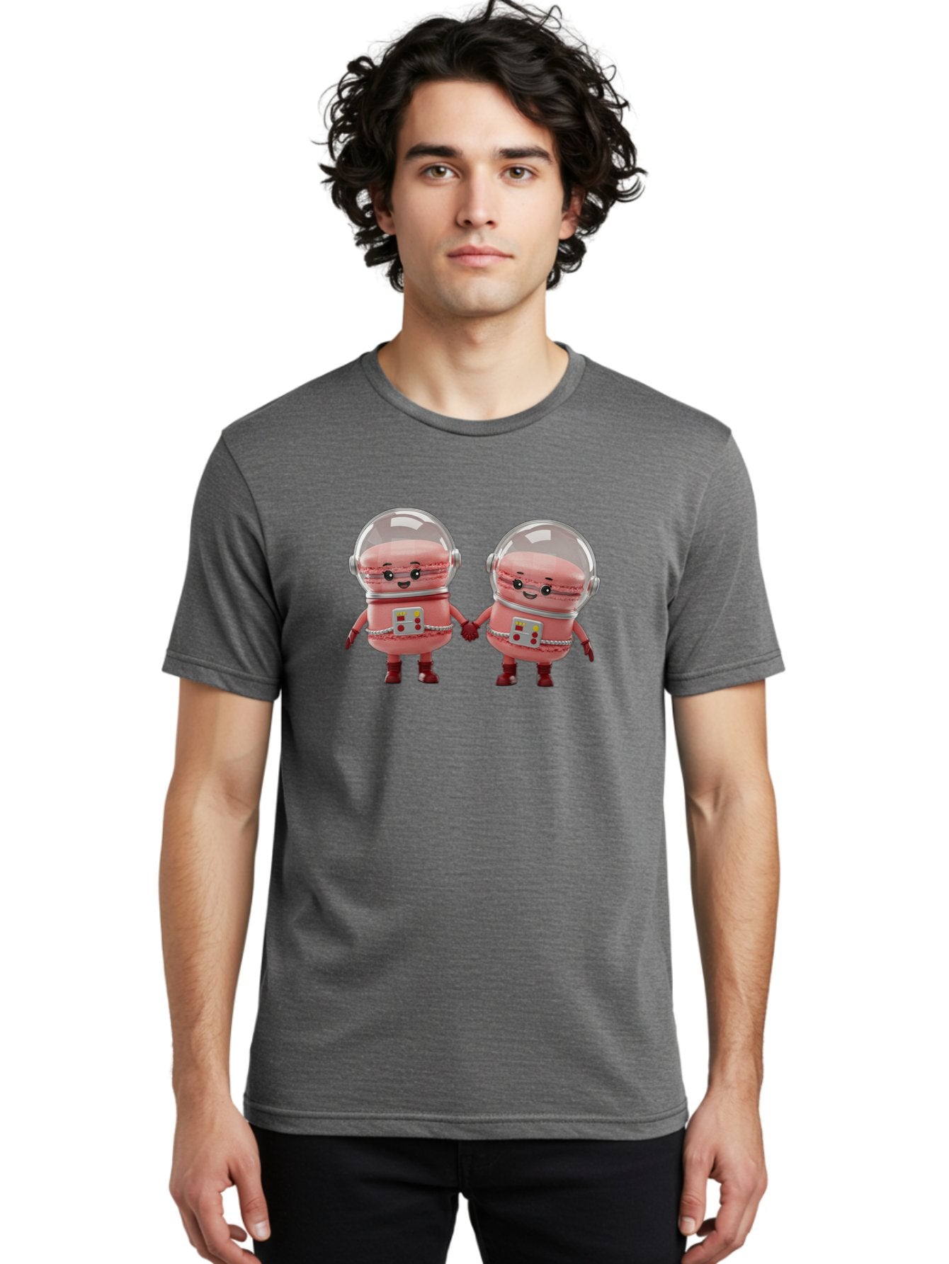 Macarons-In-Space-Helmets Men'S Graphic Tee, 100% Cotton, Comfortable Casual Summer Wear, Machine Washable, Cartoon Macarons, Space Helmets, Anthropomorphic Desserts, Pink Macarons, Space Suits, Holding Hands, Cute Robots, Sweet Treats, Baa958 27
