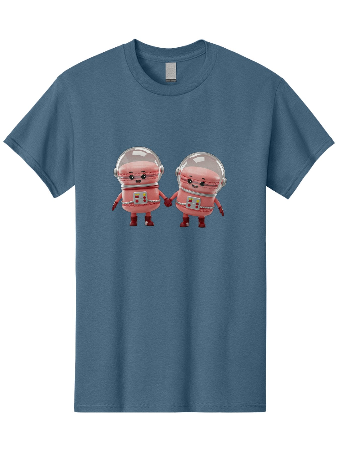 Macarons-In-Space-Helmets Men'S Graphic Tee, 100% Cotton, Comfortable Casual Summer Wear, Machine Washable, Cartoon Macarons, Space Helmets, Anthropomorphic Desserts, Pink Macarons, Space Suits, Holding Hands, Cute Robots, Sweet Treats, Baa958 4