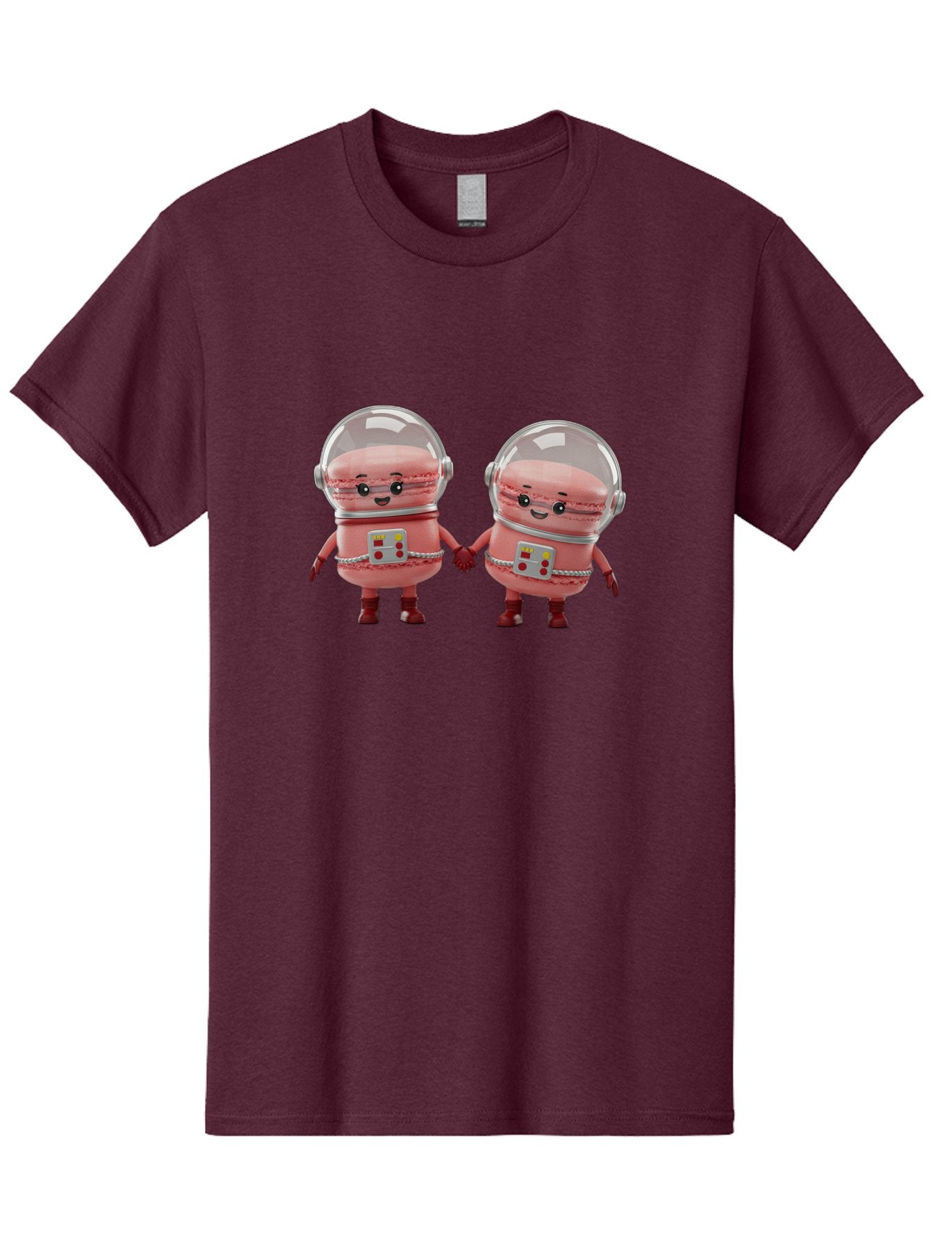Macarons-In-Space-Helmets Men'S Graphic Tee, 100% Cotton, Comfortable Casual Summer Wear, Machine Washable, Cartoon Macarons, Space Helmets, Anthropomorphic Desserts, Pink Macarons, Space Suits, Holding Hands, Cute Robots, Sweet Treats, Baa958