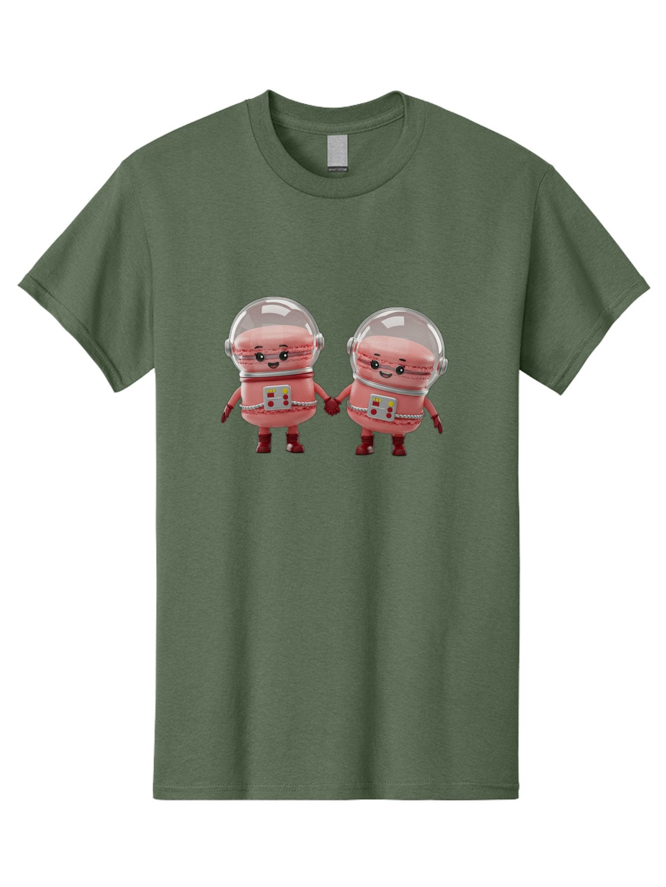Macarons-In-Space-Helmets Men'S Graphic Tee, 100% Cotton, Comfortable Casual Summer Wear, Machine Washable, Cartoon Macarons, Space Helmets, Anthropomorphic Desserts, Pink Macarons, Space Suits, Holding Hands, Cute Robots, Sweet Treats, Baa958 9