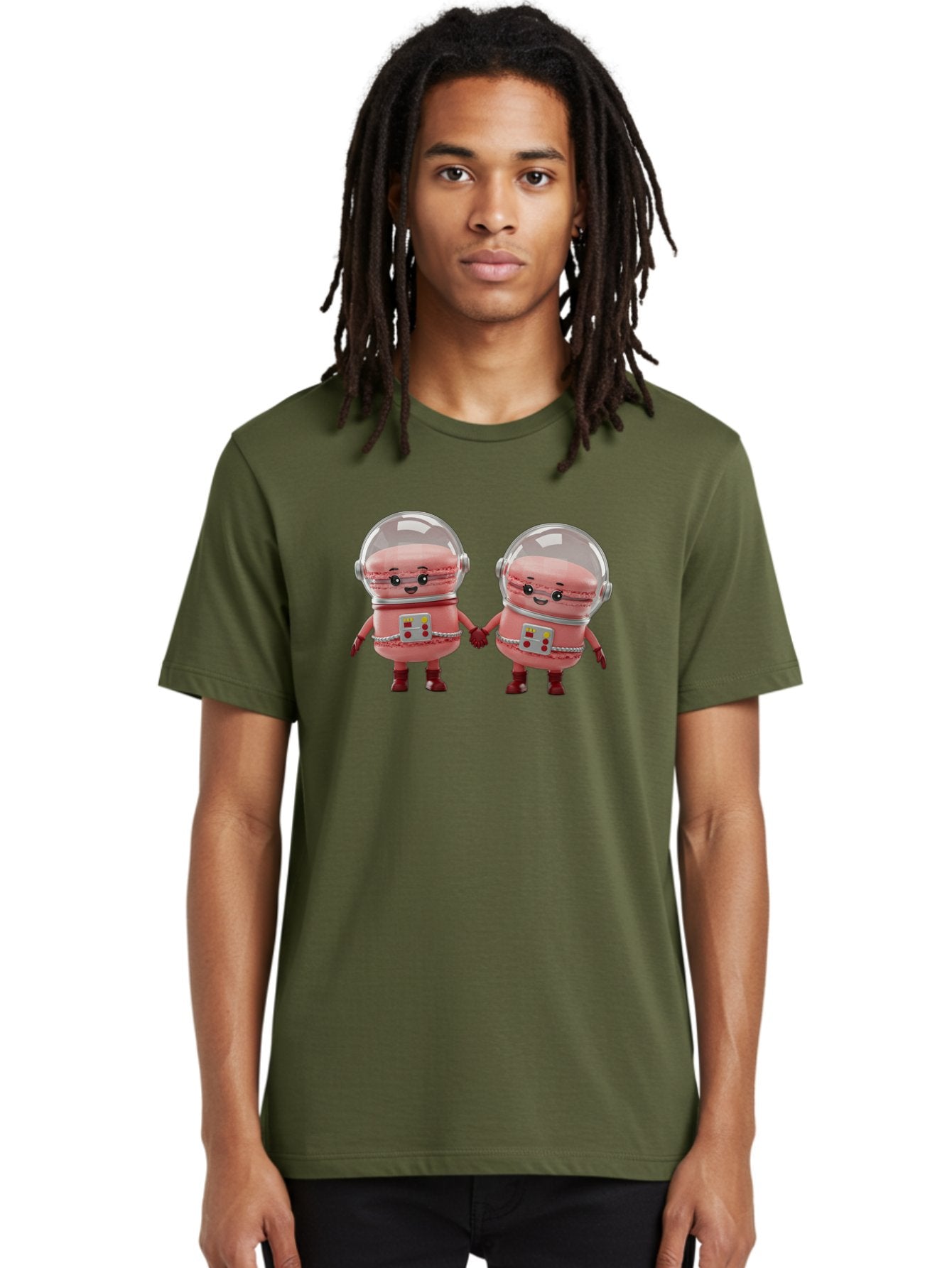 Macarons-In-Space-Helmets Men'S Graphic Tee, 100% Cotton, Comfortable Casual Summer Wear, Machine Washable, Cartoon Macarons, Space Helmets, Anthropomorphic Desserts, Pink Macarons, Space Suits, Holding Hands, Cute Robots, Sweet Treats, Baa958 26