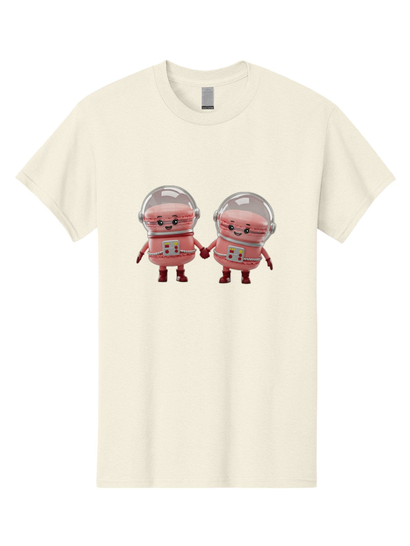 Macarons-In-Space-Helmets Men'S Graphic Tee, 100% Cotton, Comfortable Casual Summer Wear, Machine Washable, Cartoon Macarons, Space Helmets, Anthropomorphic Desserts, Pink Macarons, Space Suits, Holding Hands, Cute Robots, Sweet Treats, Baa958 8