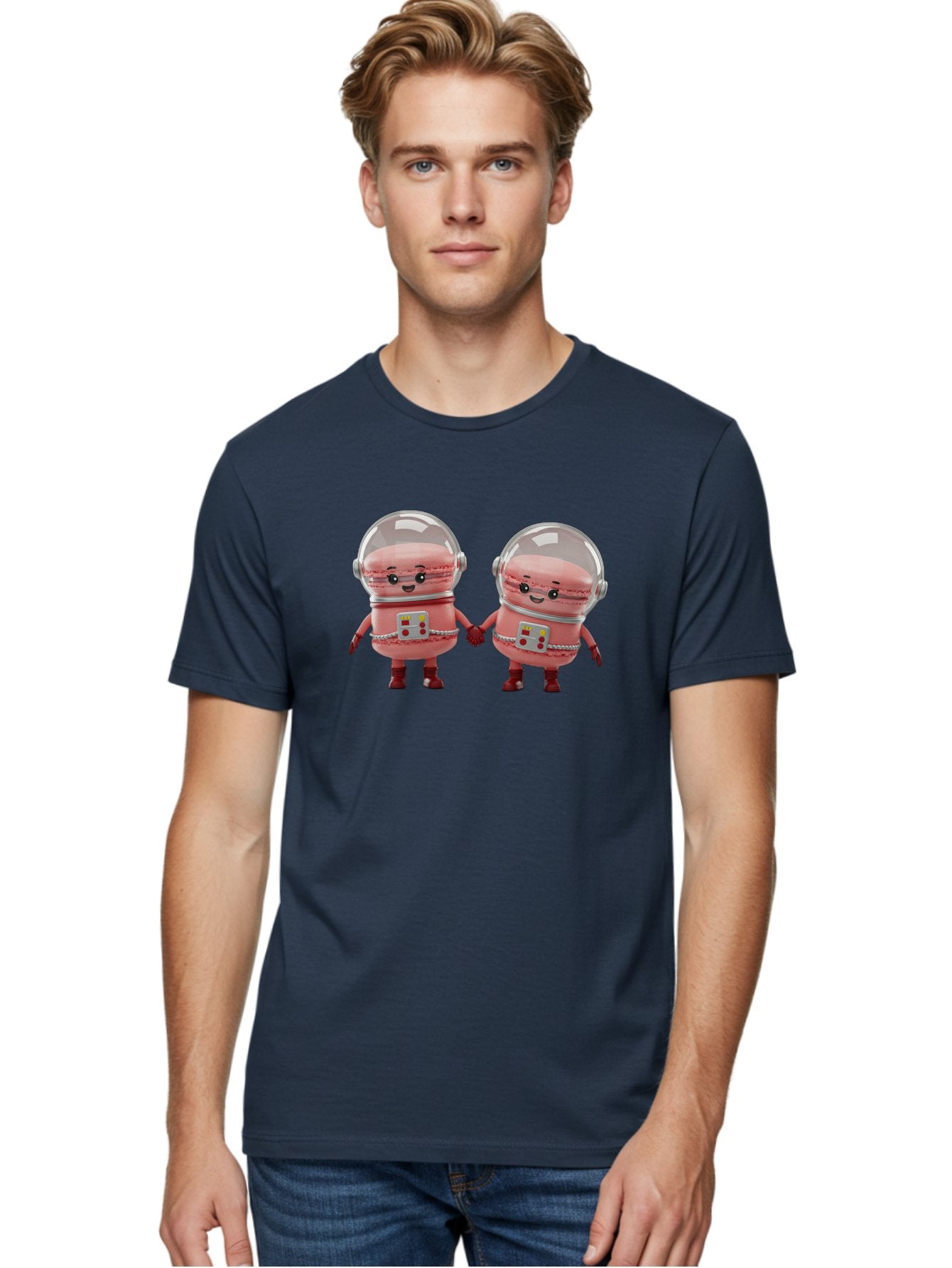 Macarons-In-Space-Helmets Men'S Graphic Tee, 100% Cotton, Comfortable Casual Summer Wear, Machine Washable, Cartoon Macarons, Space Helmets, Anthropomorphic Desserts, Pink Macarons, Space Suits, Holding Hands, Cute Robots, Sweet Treats, Baa958 16