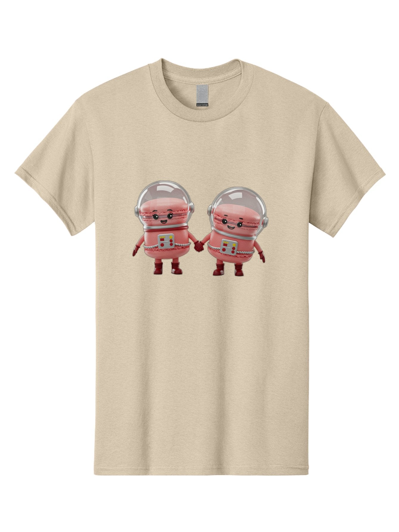 Macarons-In-Space-Helmets Men'S Graphic Tee, 100% Cotton, Comfortable Casual Summer Wear, Machine Washable, Cartoon Macarons, Space Helmets, Anthropomorphic Desserts, Pink Macarons, Space Suits, Holding Hands, Cute Robots, Sweet Treats, Baa958 13