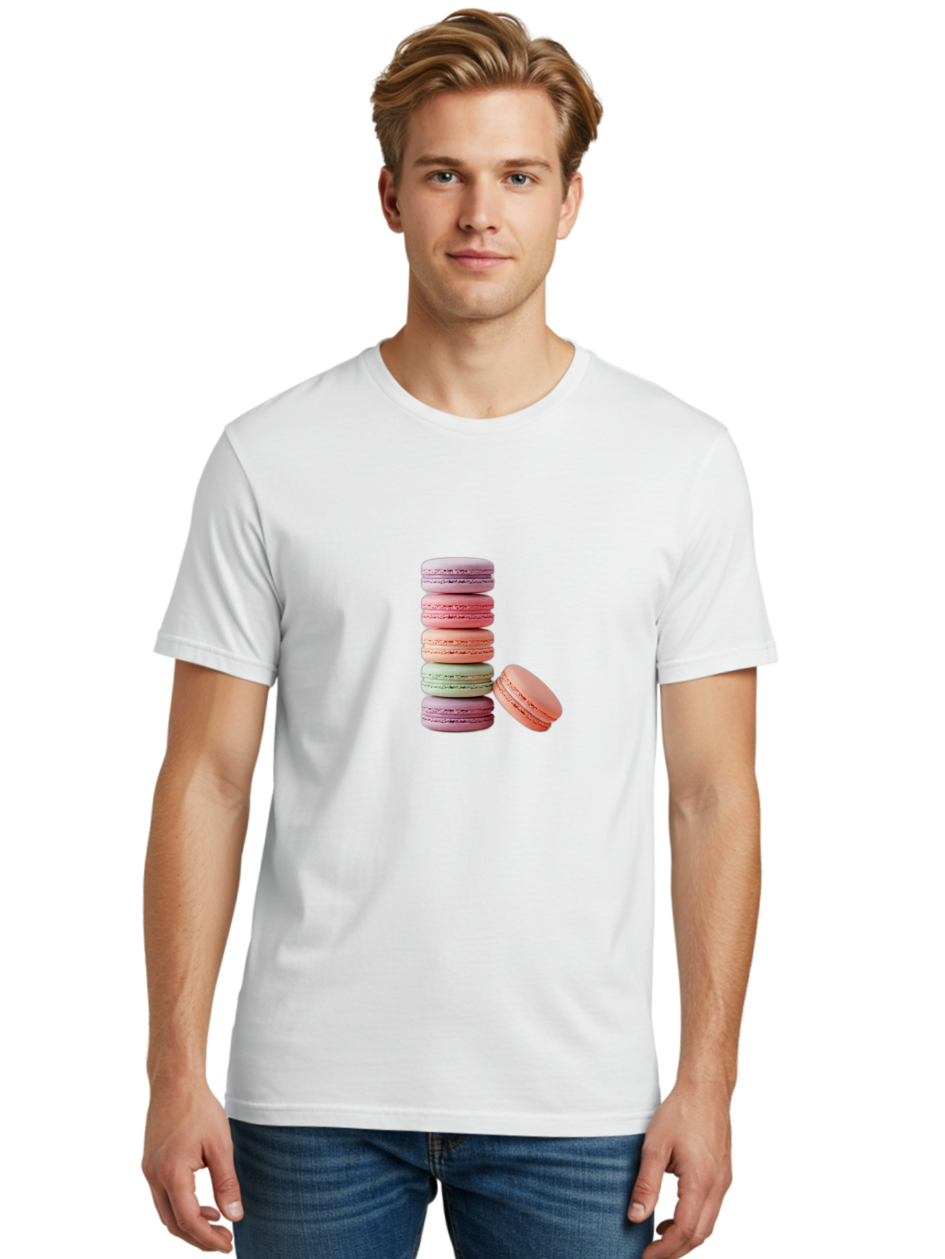 Macarons-Stack Men'S Graphic Tee, 100% Cotton, Comfortable Casual Summer Wear, Machine Washable, Colorful Macarons, Stacked Macarons, Pastel Colors, Sweet Treats, French Desserts, Delicate Cookies, Vibrant Hues, Layered Macarons Baa959