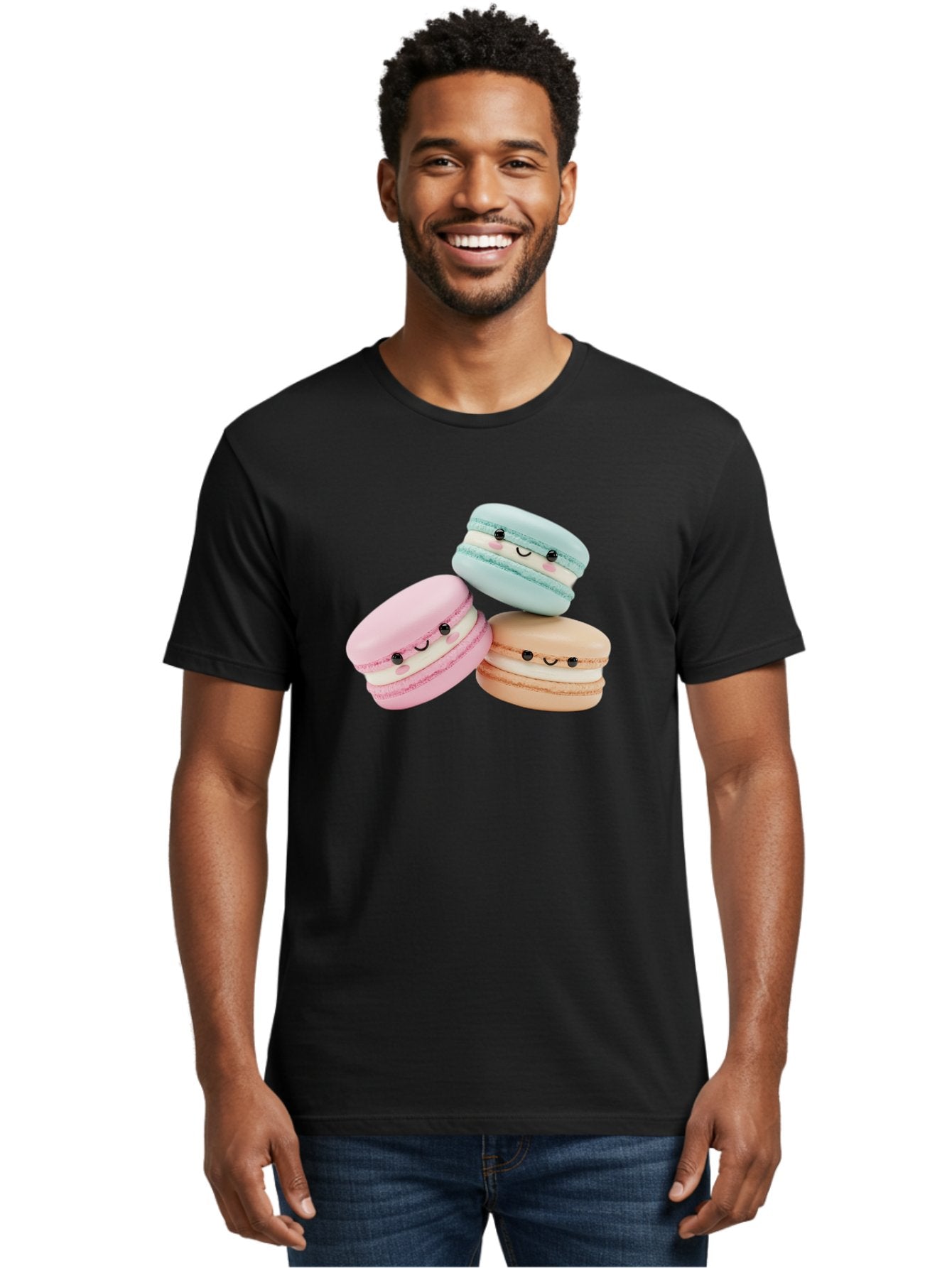 Macarons-With-Faces Men'S Graphic Tee, 100% Cotton, Comfortable Casual Summer Wear, Machine Washable, Pink Macaron, Blue Macaron, Peach Macaron, Cute Desserts, Colorful Treats, Plush Macarons, Sweet Pastries, Adorable Faces, Smiling Macarons, Baa960 16
