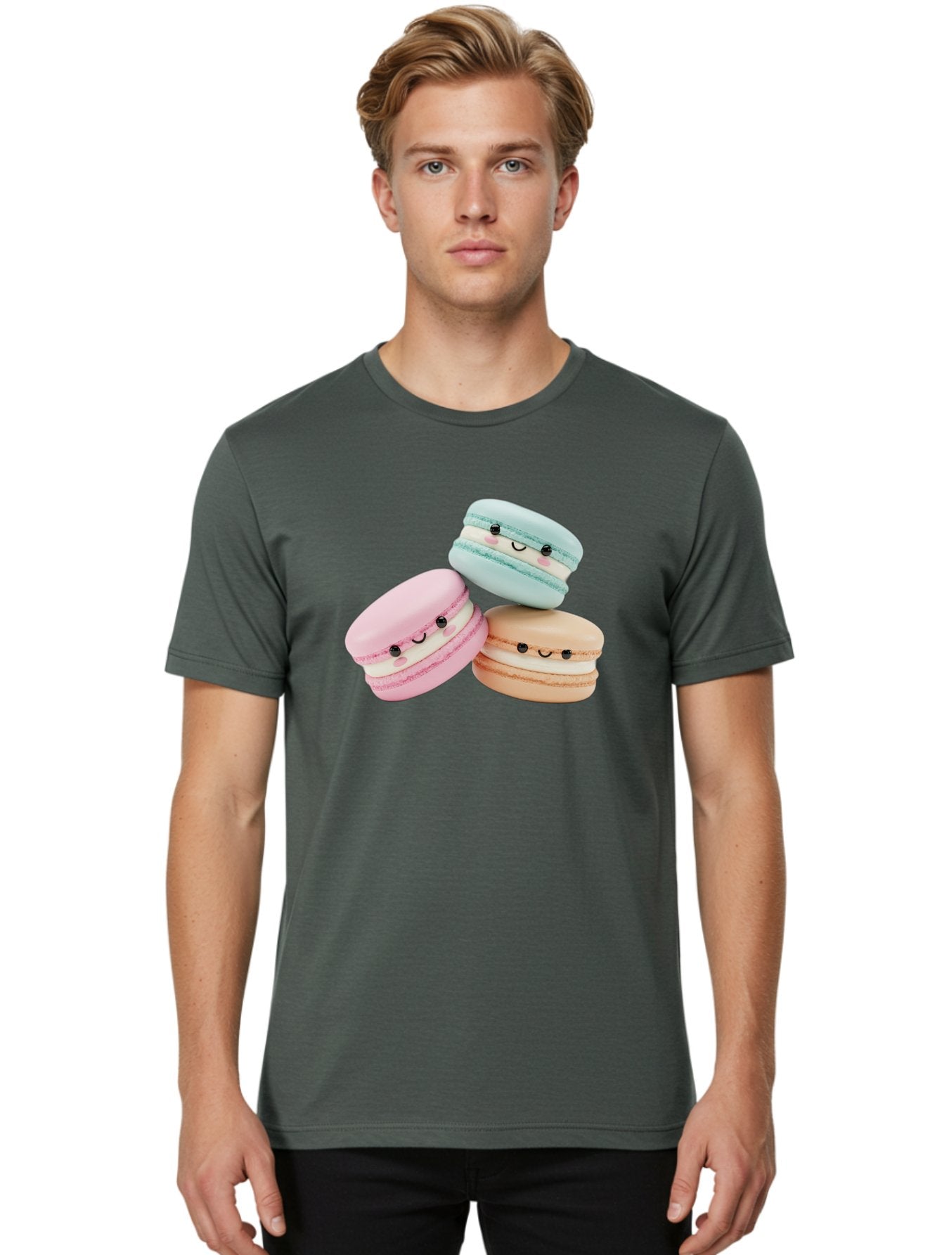 Macarons-With-Faces Men'S Graphic Tee, 100% Cotton, Comfortable Casual Summer Wear, Machine Washable, Pink Macaron, Blue Macaron, Peach Macaron, Cute Desserts, Colorful Treats, Plush Macarons, Sweet Pastries, Adorable Faces, Smiling Macarons, Baa960 26