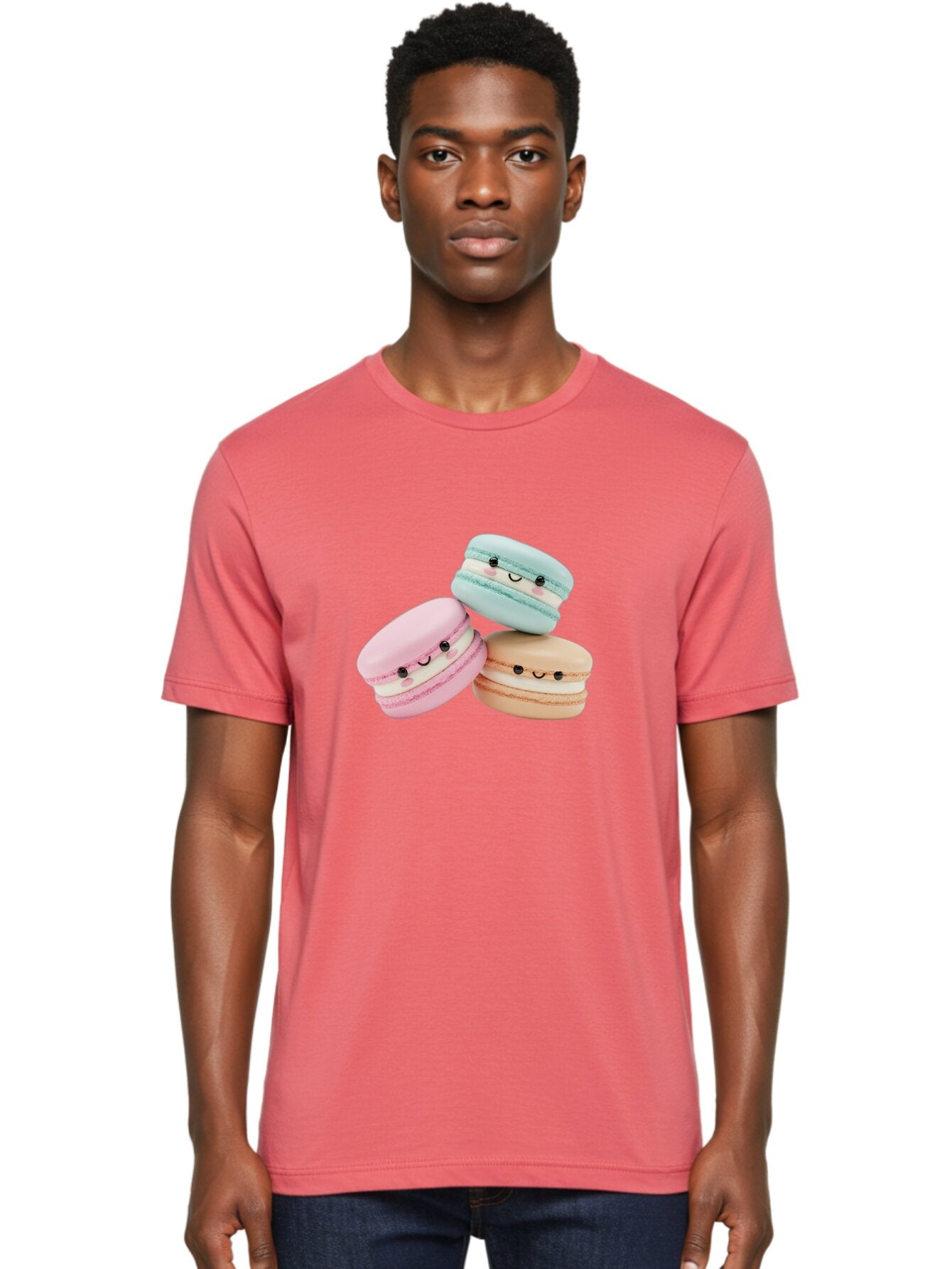 Macarons-With-Faces Men'S Graphic Tee, 100% Cotton, Comfortable Casual Summer Wear, Machine Washable, Pink Macaron, Blue Macaron, Peach Macaron, Cute Desserts, Colorful Treats, Plush Macarons, Sweet Pastries, Adorable Faces, Smiling Macarons, Baa960 20