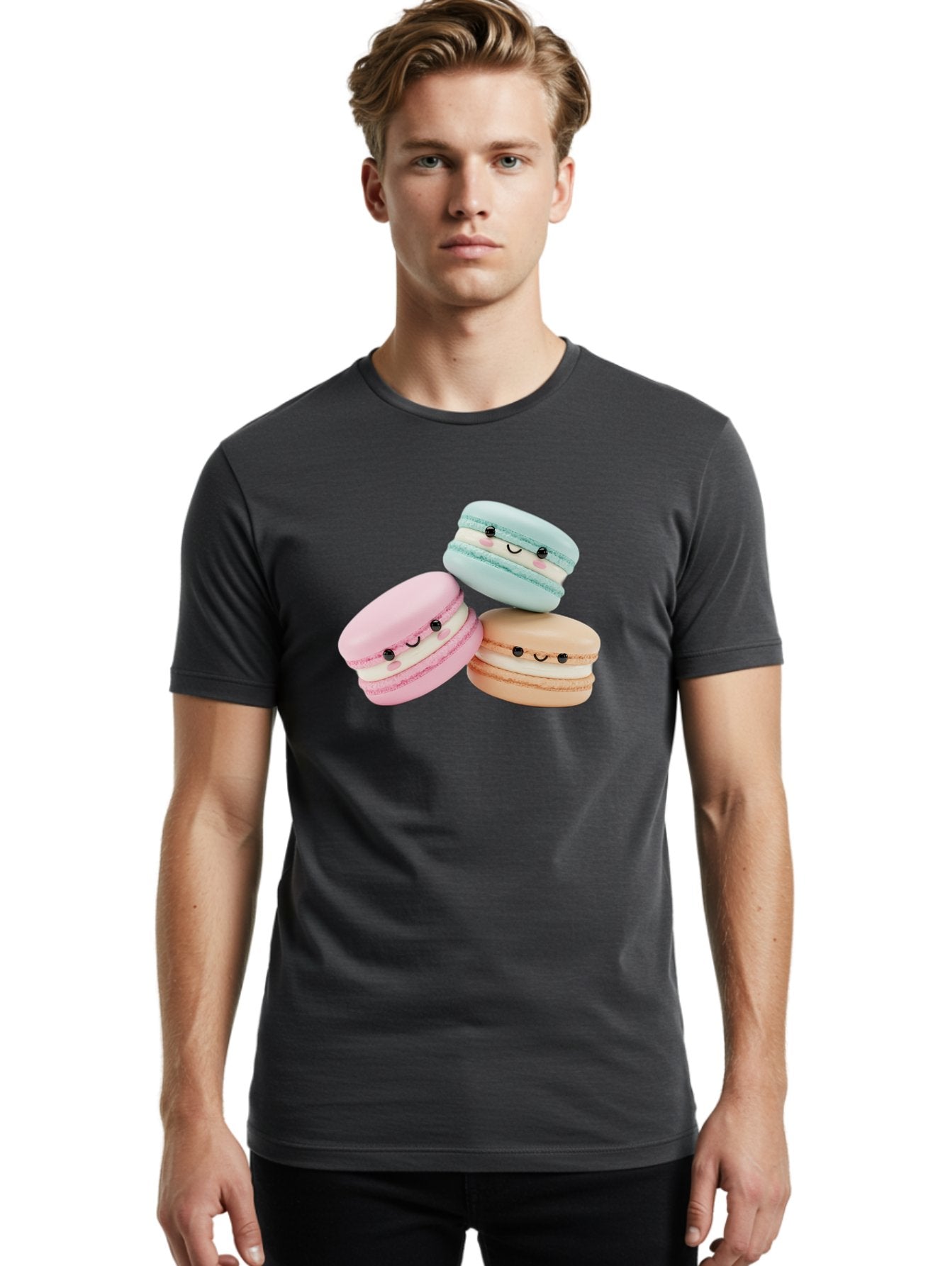 Macarons-With-Faces Men'S Graphic Tee, 100% Cotton, Comfortable Casual Summer Wear, Machine Washable, Pink Macaron, Blue Macaron, Peach Macaron, Cute Desserts, Colorful Treats, Plush Macarons, Sweet Pastries, Adorable Faces, Smiling Macarons, Baa960 17