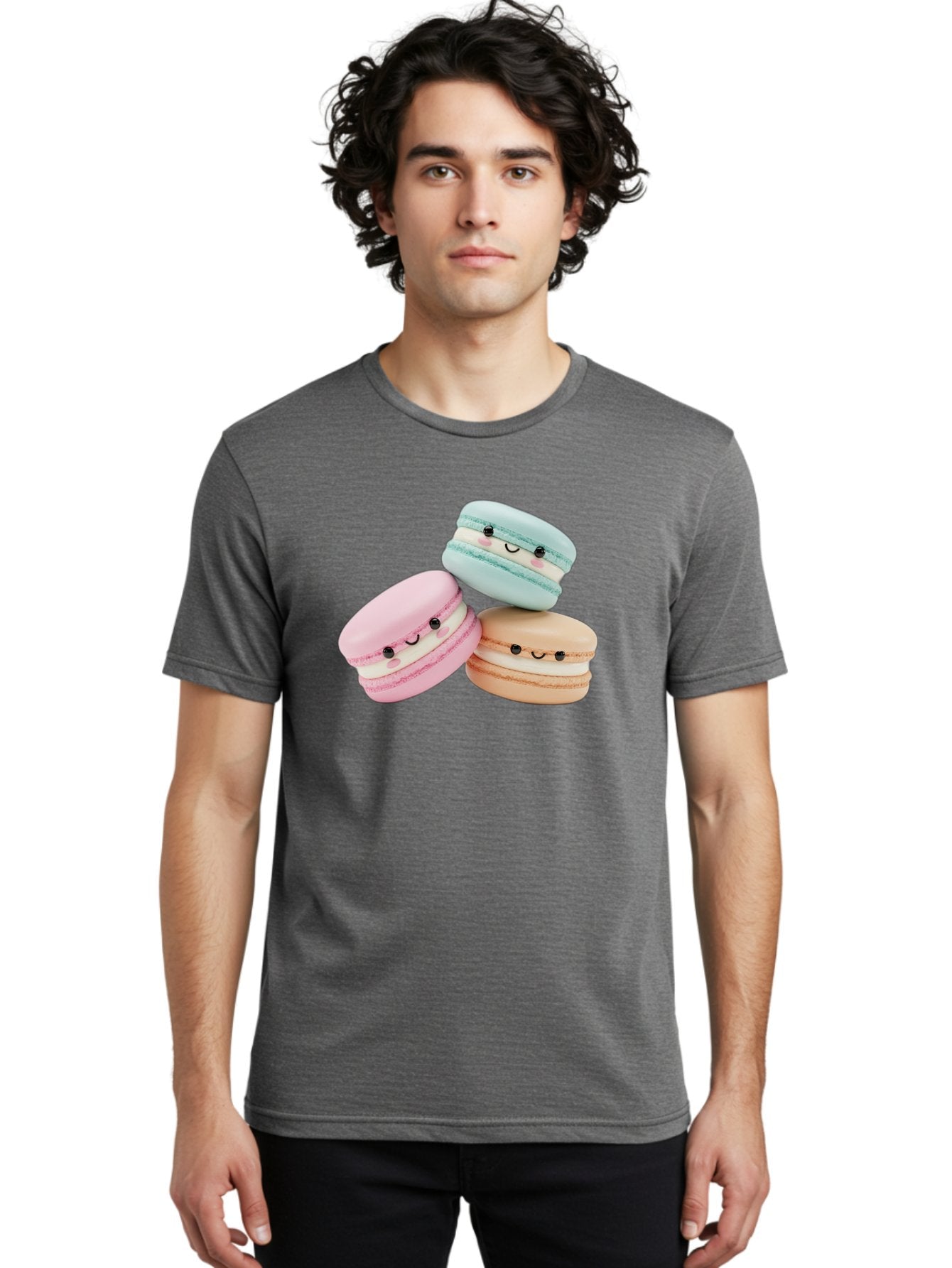 Macarons-With-Faces Men'S Graphic Tee, 100% Cotton, Comfortable Casual Summer Wear, Machine Washable, Pink Macaron, Blue Macaron, Peach Macaron, Cute Desserts, Colorful Treats, Plush Macarons, Sweet Pastries, Adorable Faces, Smiling Macarons, Baa960 19