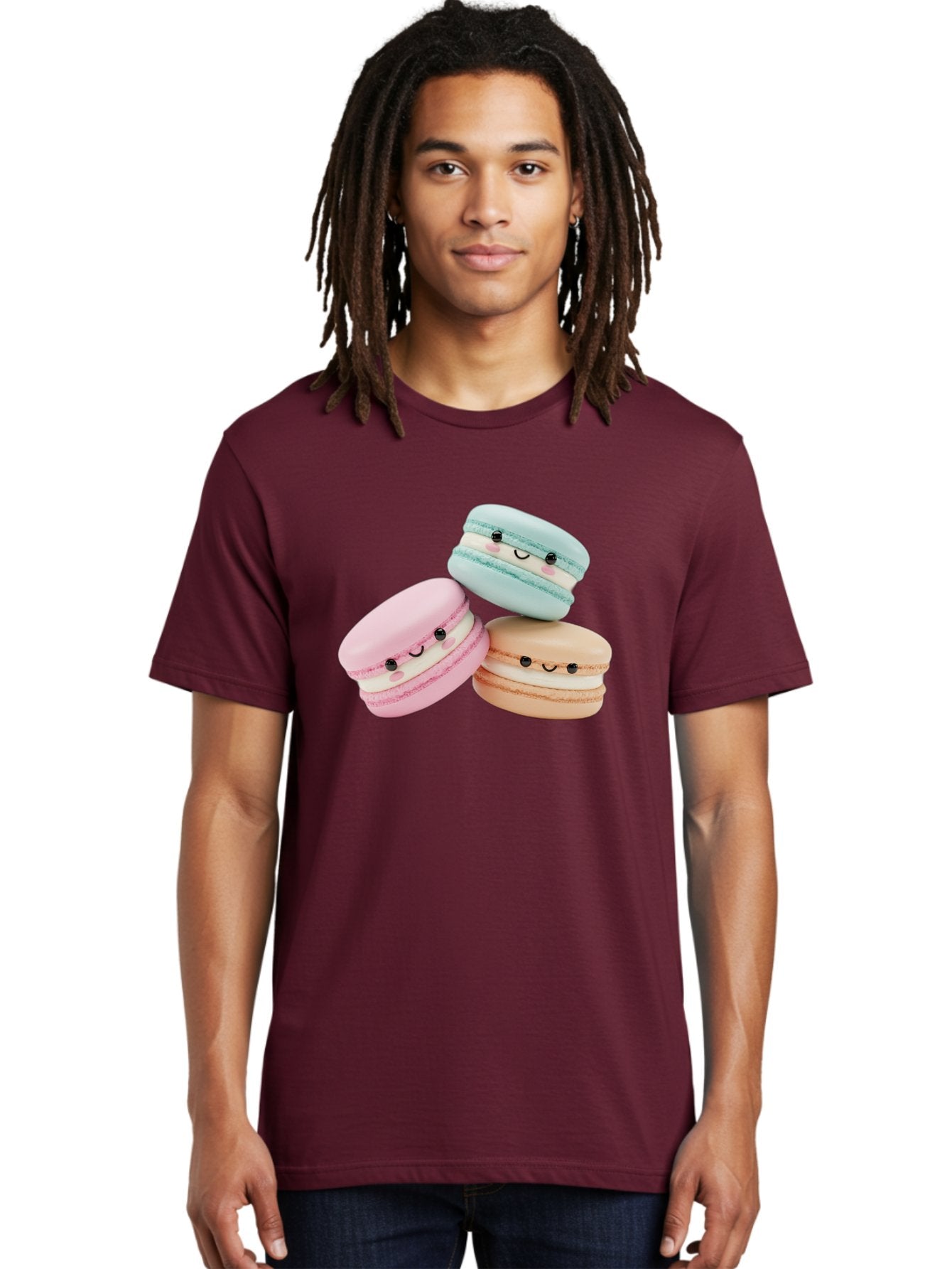 Macarons-With-Faces Men'S Graphic Tee, 100% Cotton, Comfortable Casual Summer Wear, Machine Washable, Pink Macaron, Blue Macaron, Peach Macaron, Cute Desserts, Colorful Treats, Plush Macarons, Sweet Pastries, Adorable Faces, Smiling Macarons, Baa960 27
